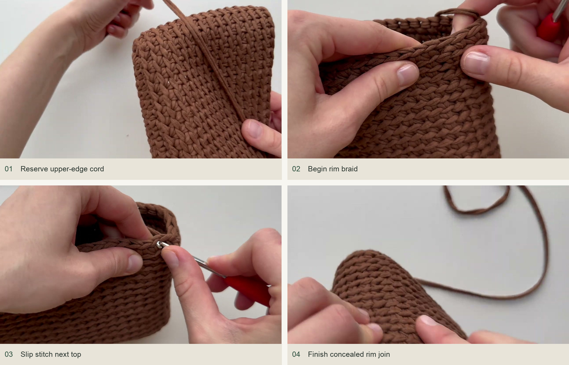 Finish the wall and braid the rim: Reserve upper-edge cord; Begin rim braid; Slip stitch next top; Finish concealed rim join