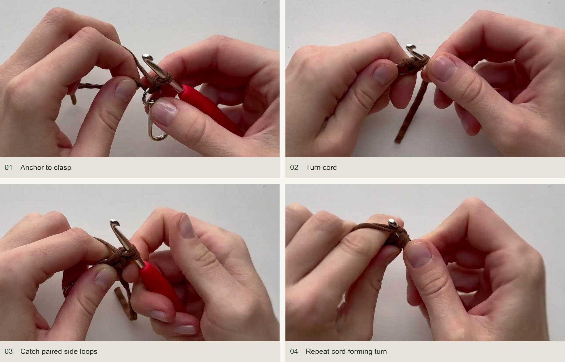 Crochet the wrist cord on its clasp: Anchor to clasp; Turn cord; Catch paired side loops; Repeat cord-forming turn