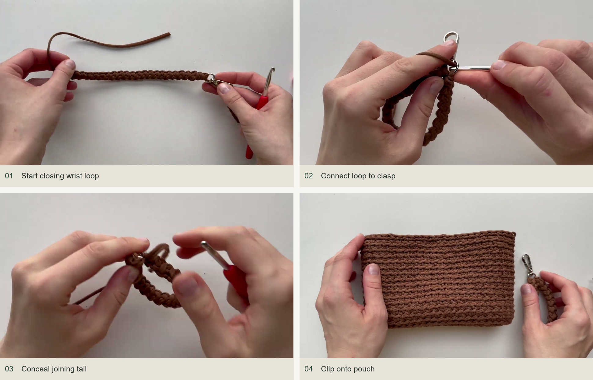 Close the wrist loop and clip it on: Start closing wrist loop; Connect loop to clasp; Conceal joining tail; Clip onto pouch