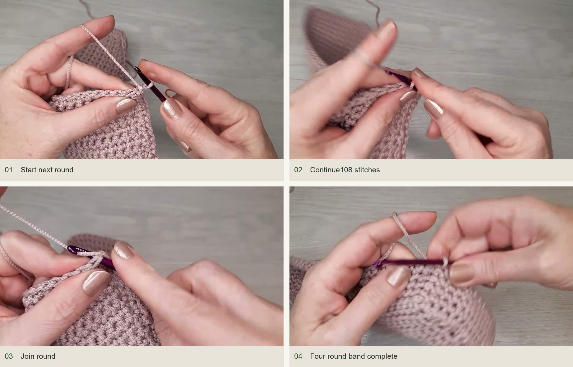 Raise the lower band: Start next round; Continue108 stitches; Join round; Four-round band complete