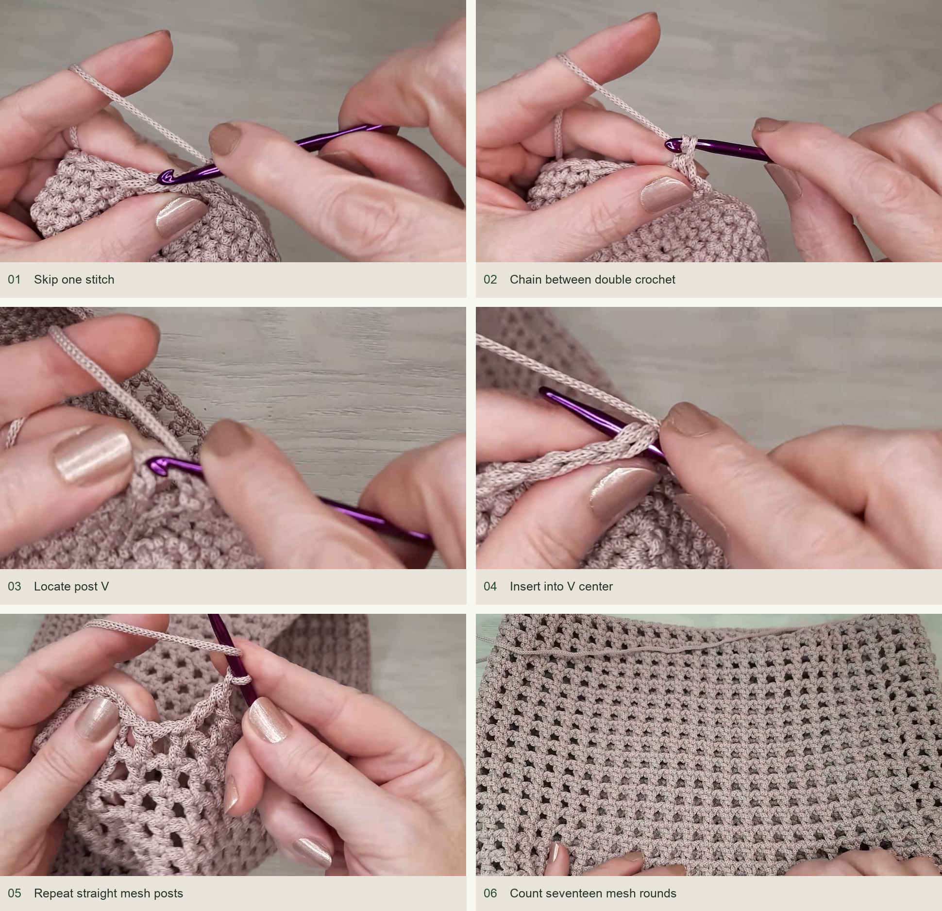 Work the mesh body: Skip one stitch; Chain between double crochet; Locate post V; Insert into V center; Repeat straight mesh posts; Count seventeen mesh rounds