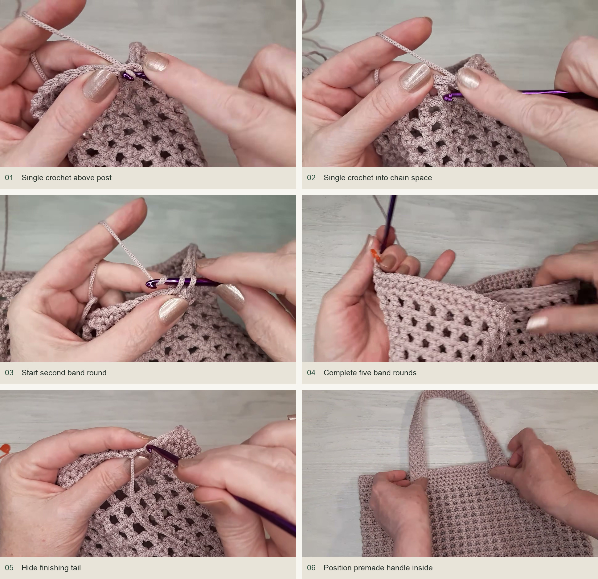 Top band and handles: Single crochet above post; Single crochet into chain space; Start second band round; Complete five band rounds; Hide finishing tail; Position premade handle inside