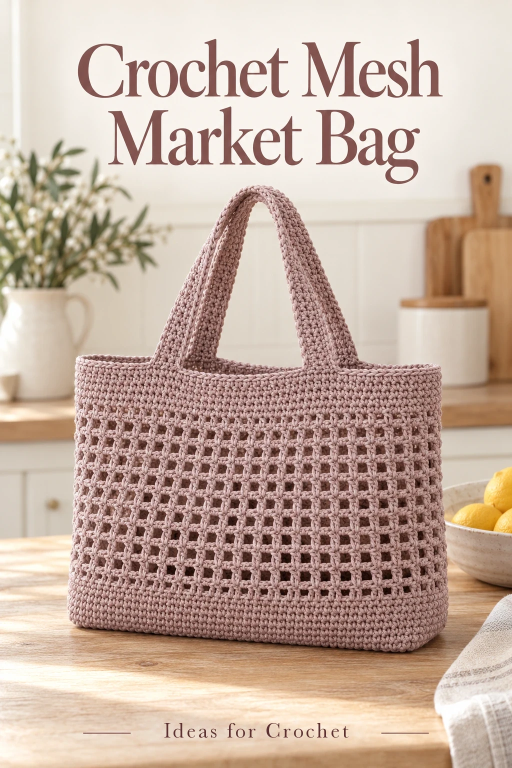 Dusty rose crochet mesh market tote with a solid base and two short handles