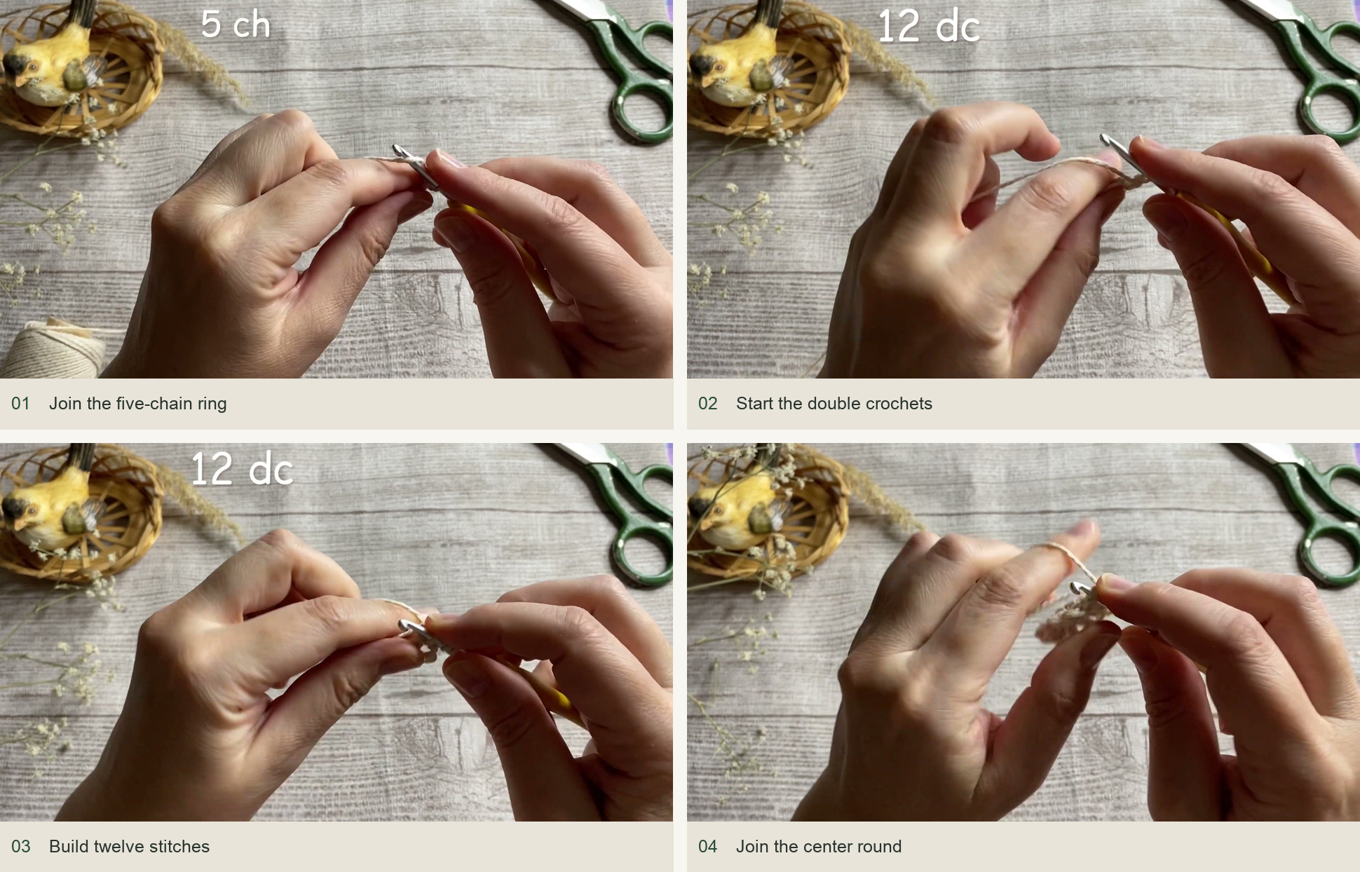 Join the five-chain ring; Start the double crochets; Build twelve stitches; Join the center round