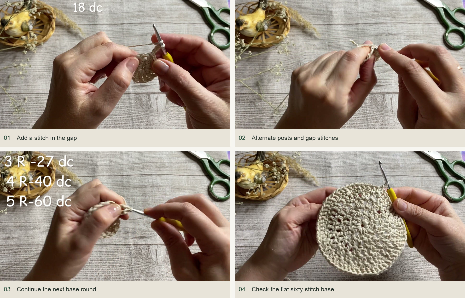 Add a stitch in the gap; Alternate posts and gap stitches; Continue the next base round; Check the flat sixty-stitch base