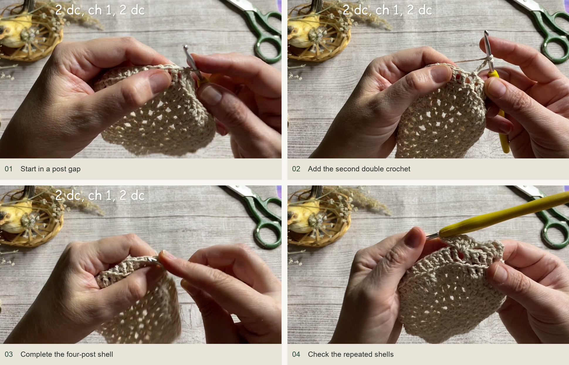 Start in a post gap; Add the second double crochet; Complete the four-post shell; Check the repeated shells