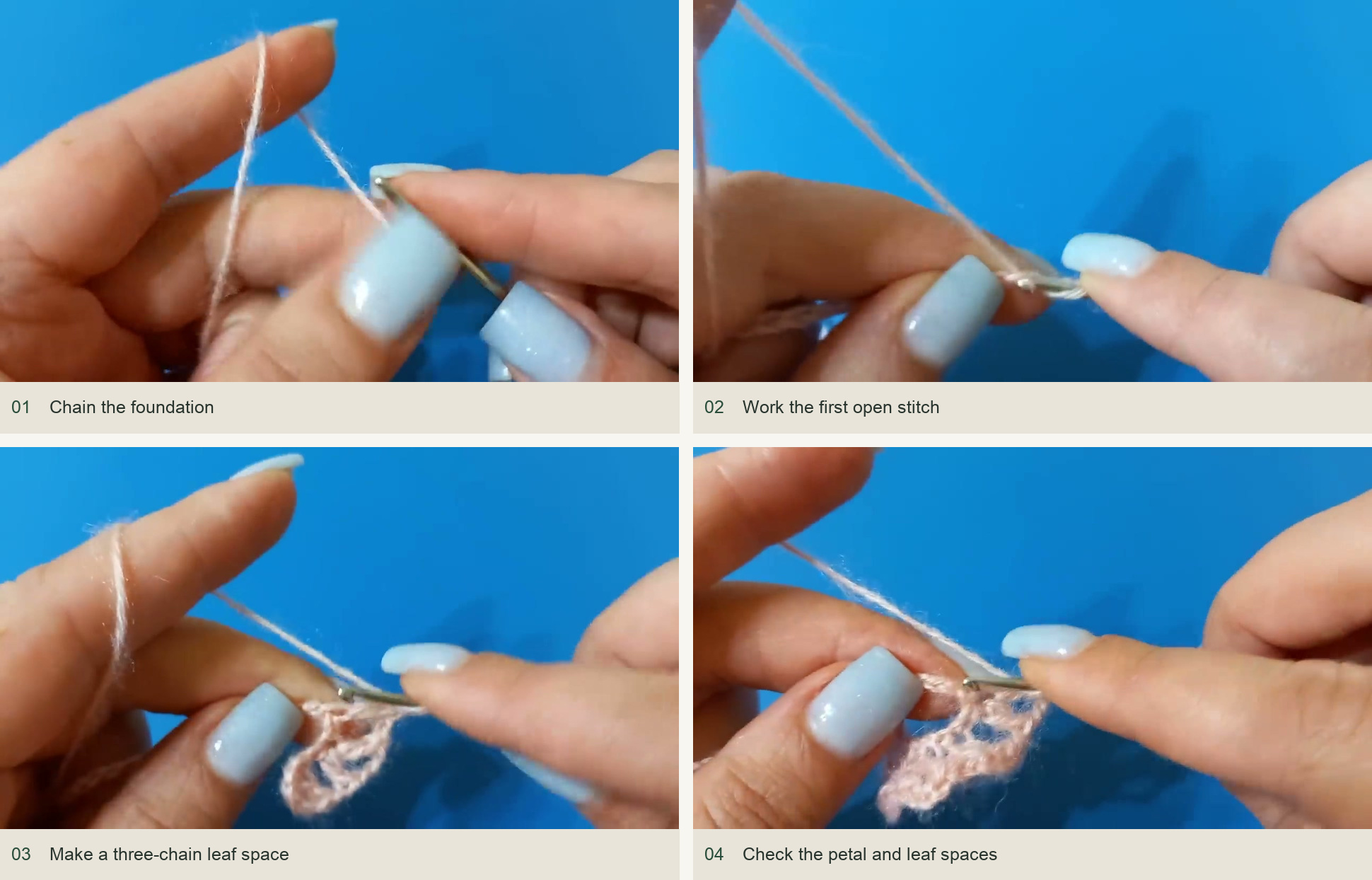 Chain the foundation; Work the first open stitch; Make a three-chain leaf space; Check the petal and leaf spaces