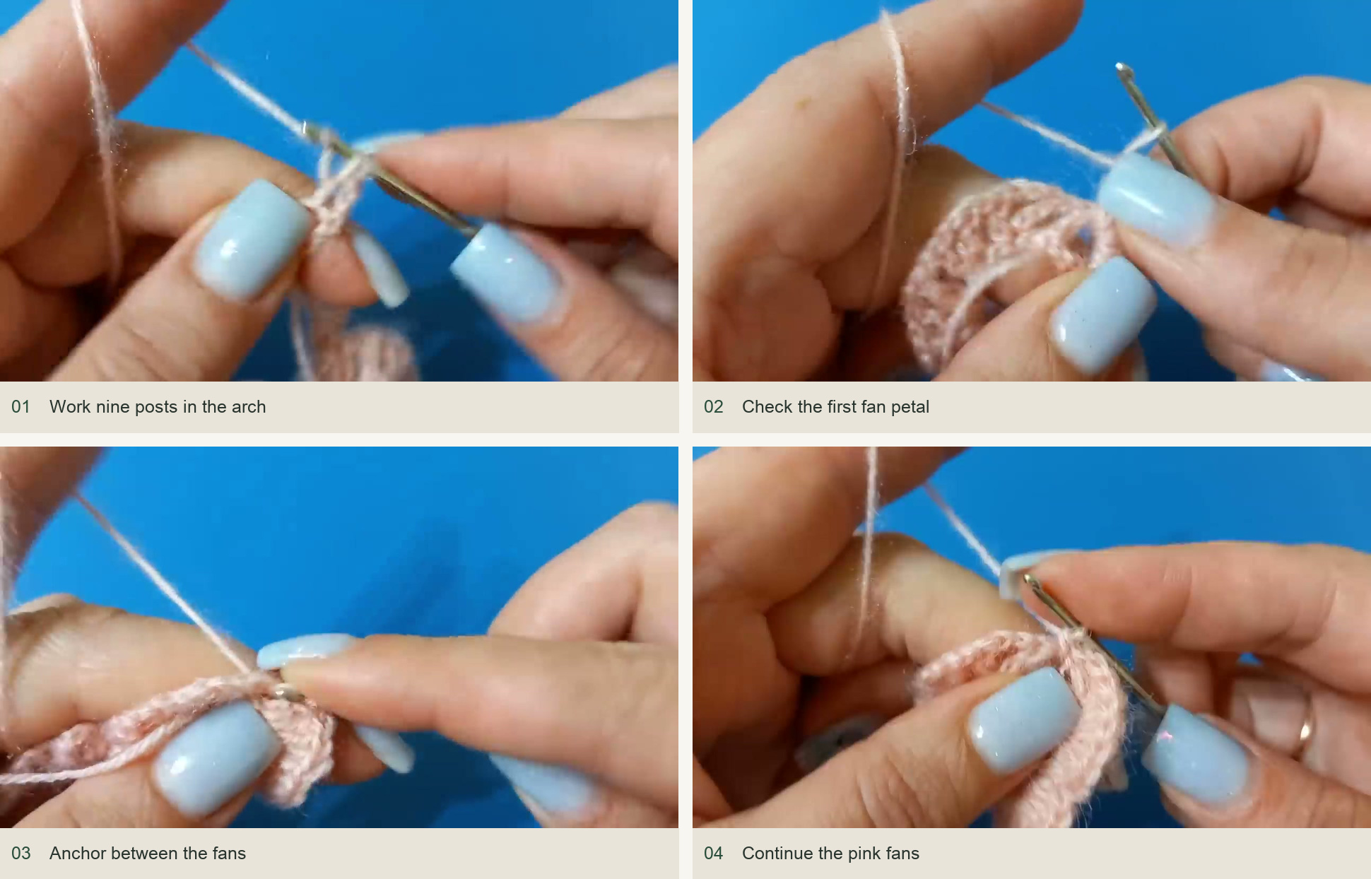 Work nine posts in the arch; Check the first fan petal; Anchor between the fans; Continue the pink fans