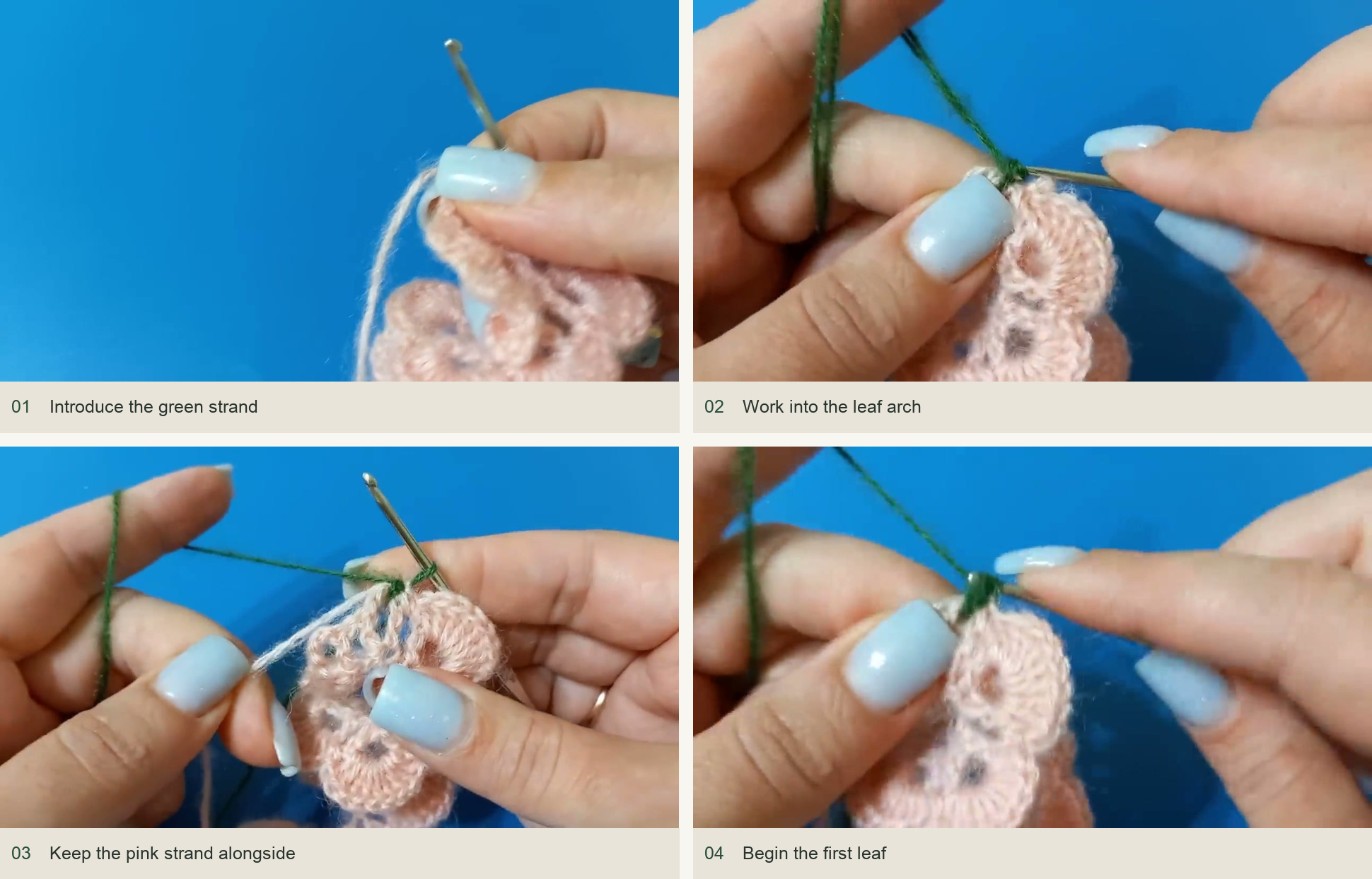 Introduce the green strand; Work into the leaf arch; Keep the pink strand alongside; Begin the first leaf