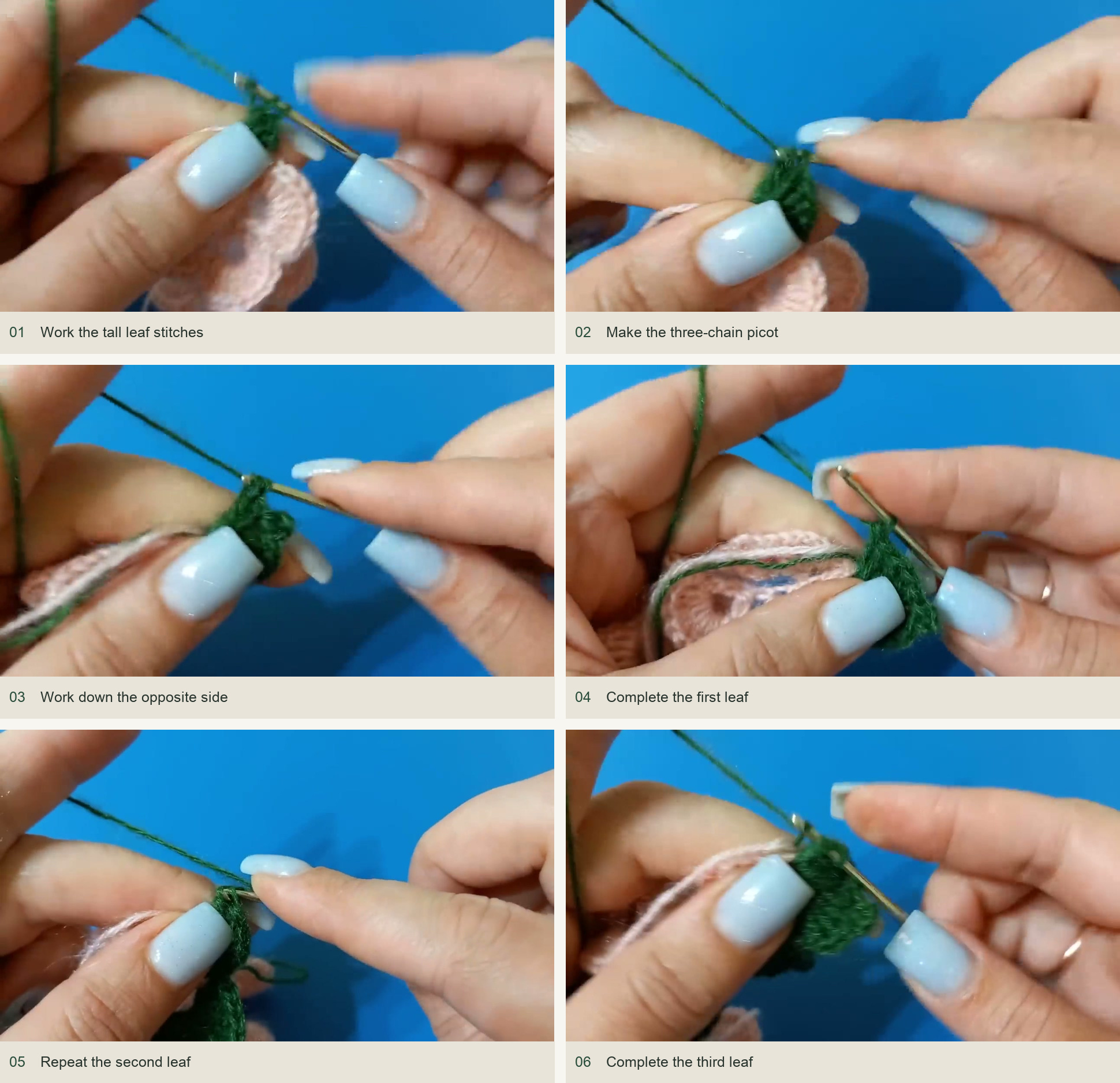 Work the tall leaf stitches; Make the three-chain picot; Work down the opposite side; Complete the first leaf; Repeat the second leaf; Complete the third leaf