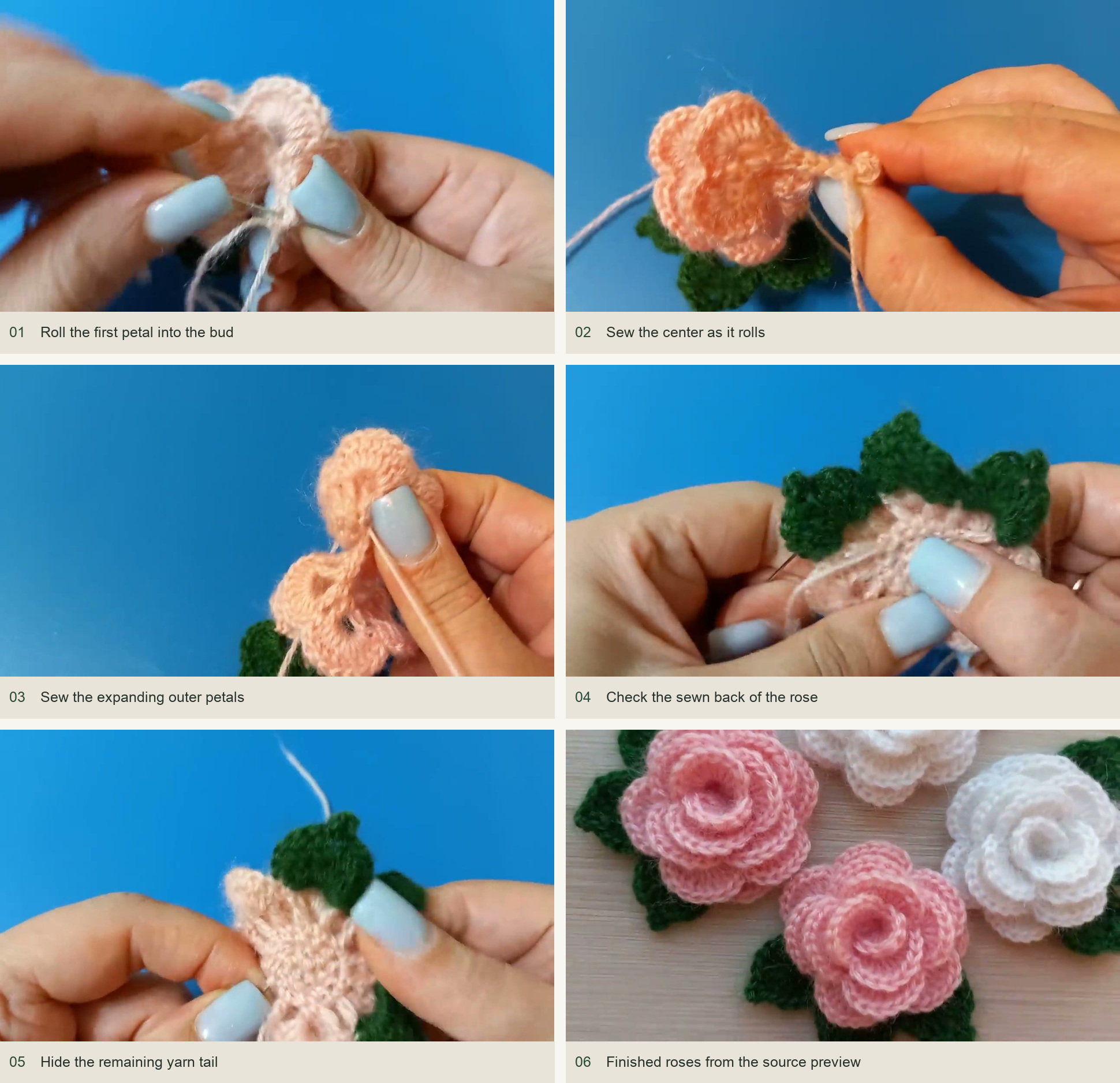 Roll the first petal into the bud; Sew the center as it rolls; Sew the expanding outer petals; Check the sewn back of the rose; Hide the remaining yarn tail; Finished roses from the source preview