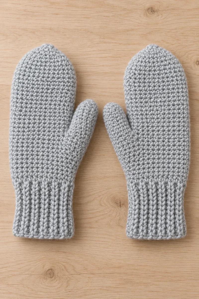 Crochet Mittens with a Ribbed Cuff and Thumb Gusset
