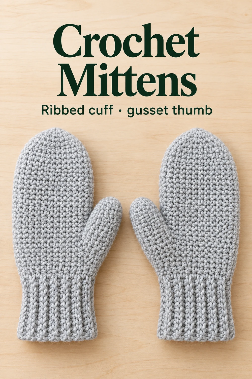 Pin image for crochet mittens with a ribbed cuff and thumb gusset