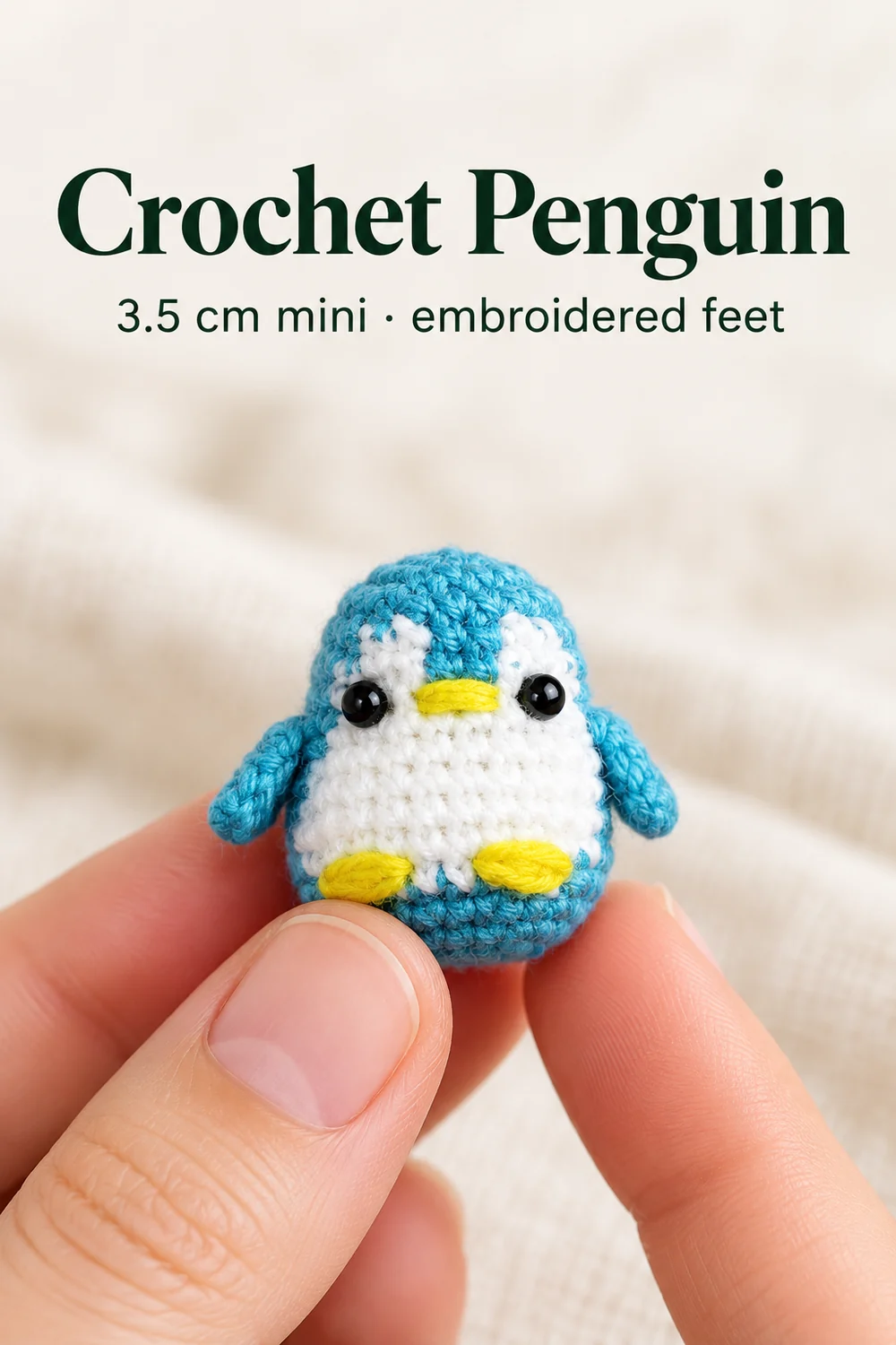 Crochet penguin pin showing a turquoise 3.5 cm mini amigurumi with white belly and yellow embroidered beak and feet