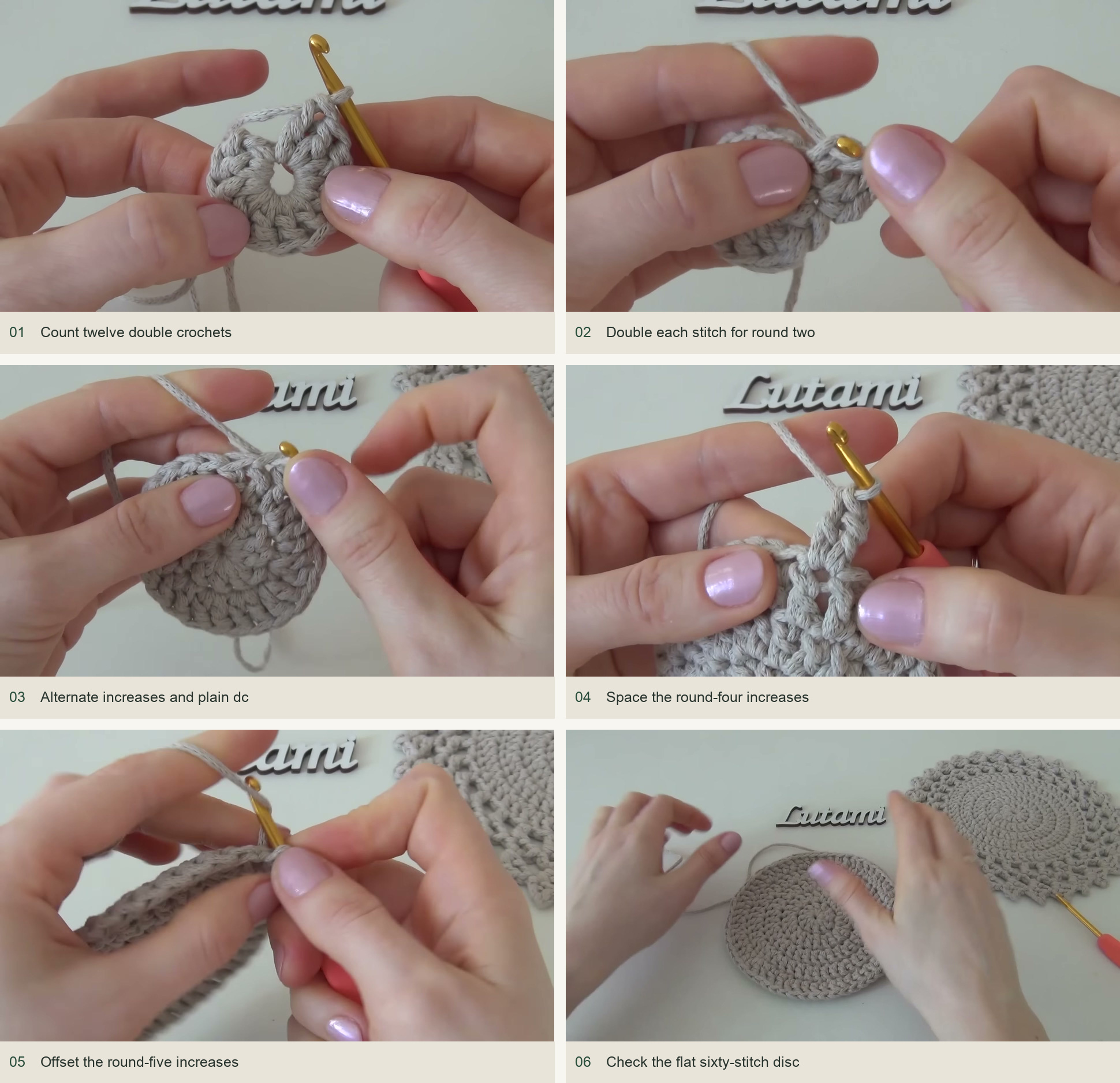 Make the solid circular center: Count twelve double crochets; Double each stitch for round two; Alternate increases and plain dc; Space the round-four increases; Offset the round-five increases; Check the flat sixty-stitch disc