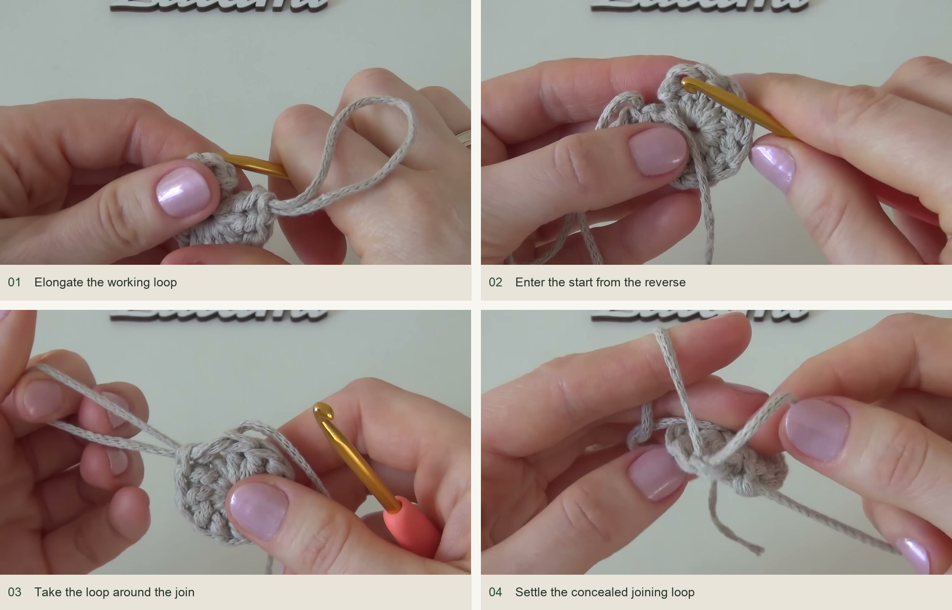 Choose a round join: Elongate the working loop; Enter the start from the reverse; Take the loop around the join; Settle the concealed joining loop