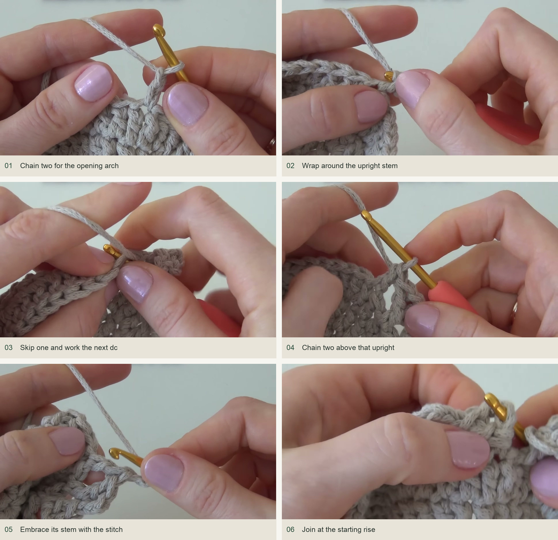Work the first openwork round: Chain two for the opening arch; Wrap around the upright stem; Skip one and work the next dc; Chain two above that upright; Embrace its stem with the stitch; Join at the starting rise