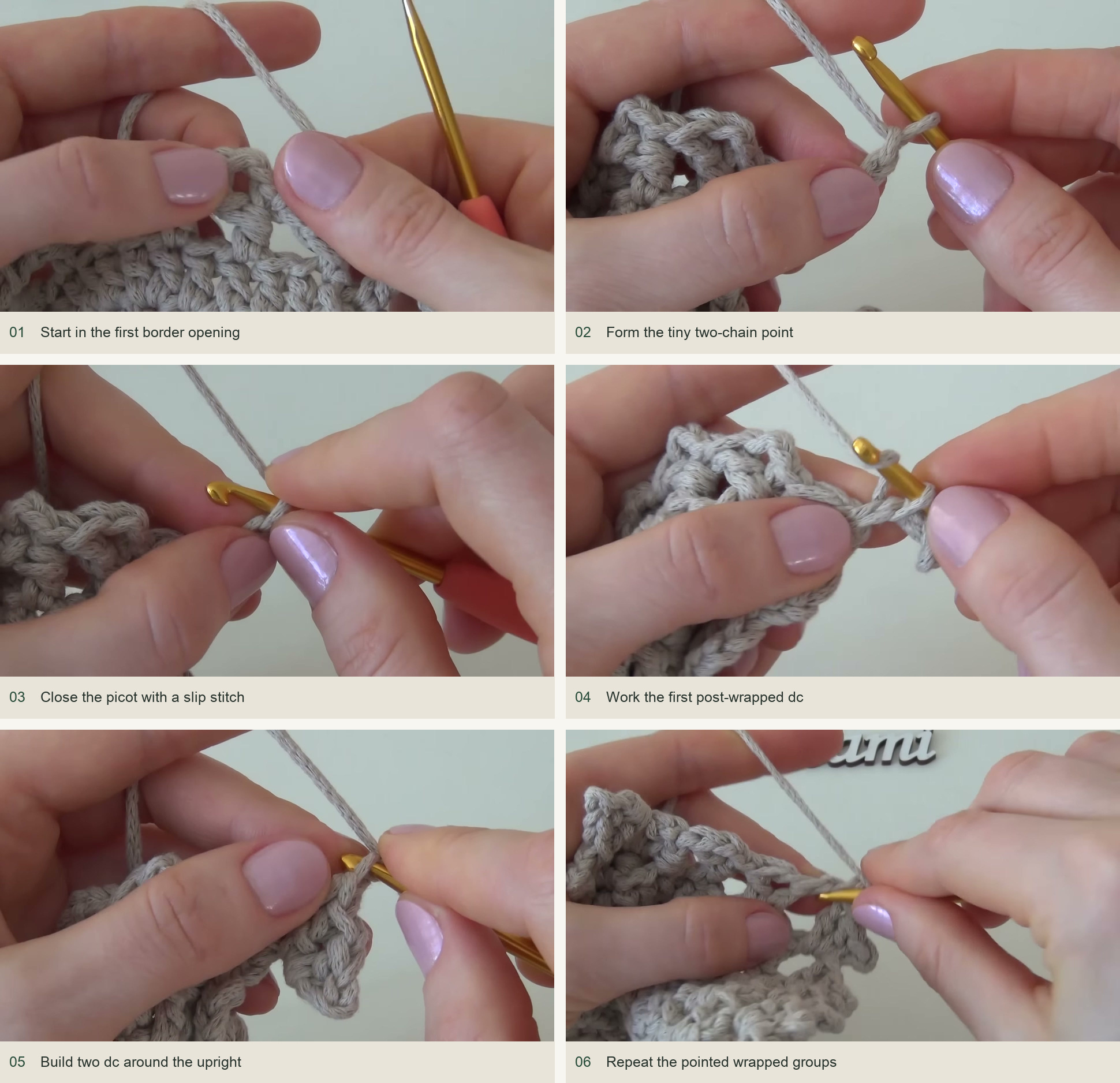 Add the picot-pointed second round: Start in the first border opening; Form the tiny two-chain point; Close the picot with a slip stitch; Work the first post-wrapped dc; Build two dc around the upright; Repeat the pointed wrapped groups
