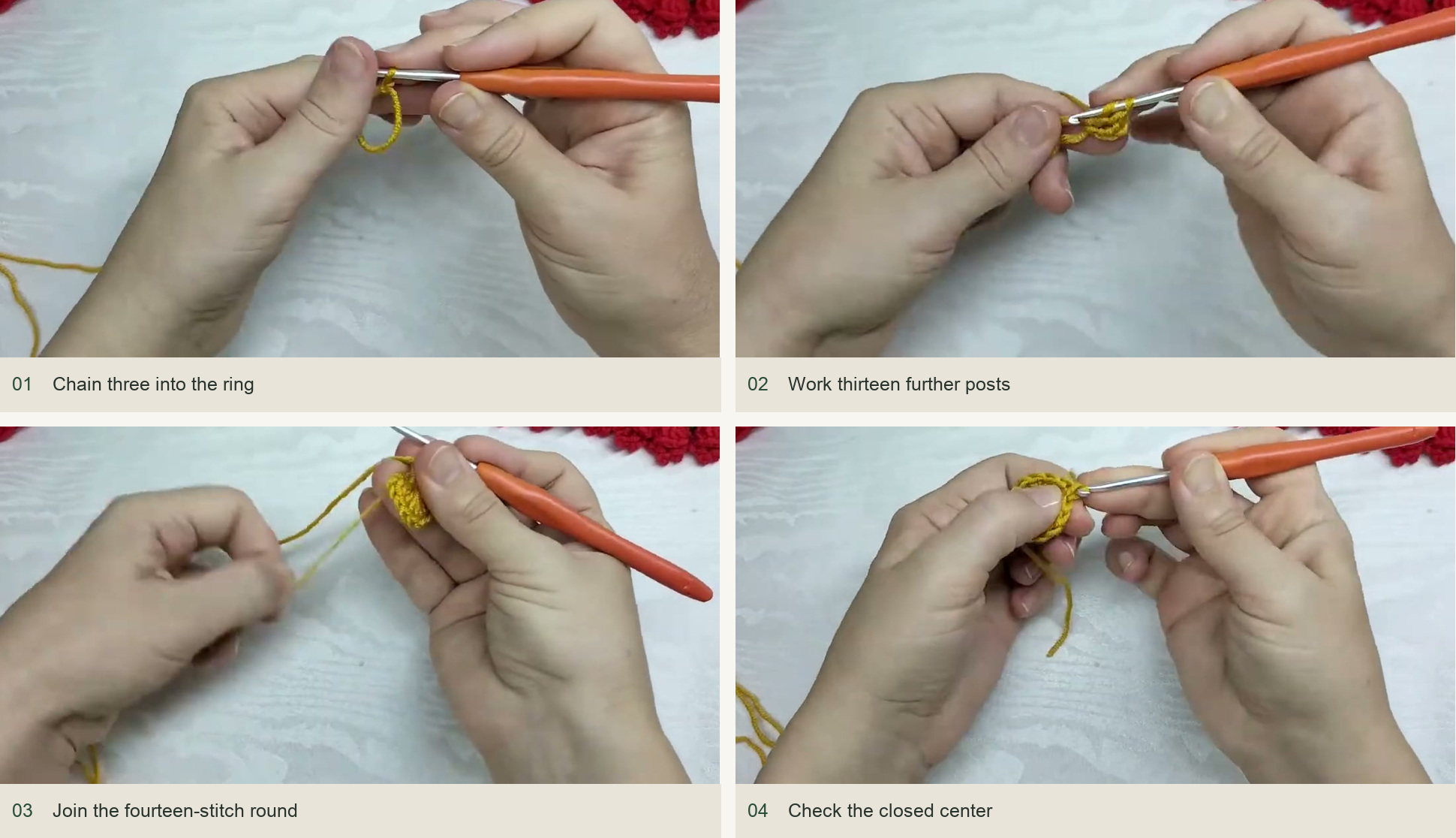 Chain three into the ring; Work thirteen further posts; Join the fourteen-stitch round; Check the closed center