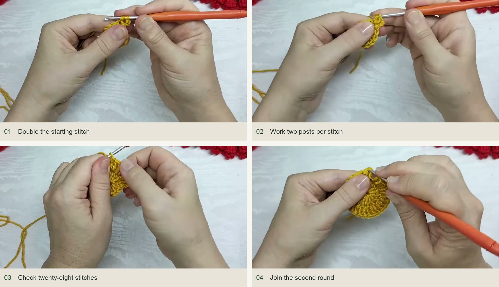 Double the starting stitch; Work two posts per stitch; Check twenty-eight stitches; Join the second round