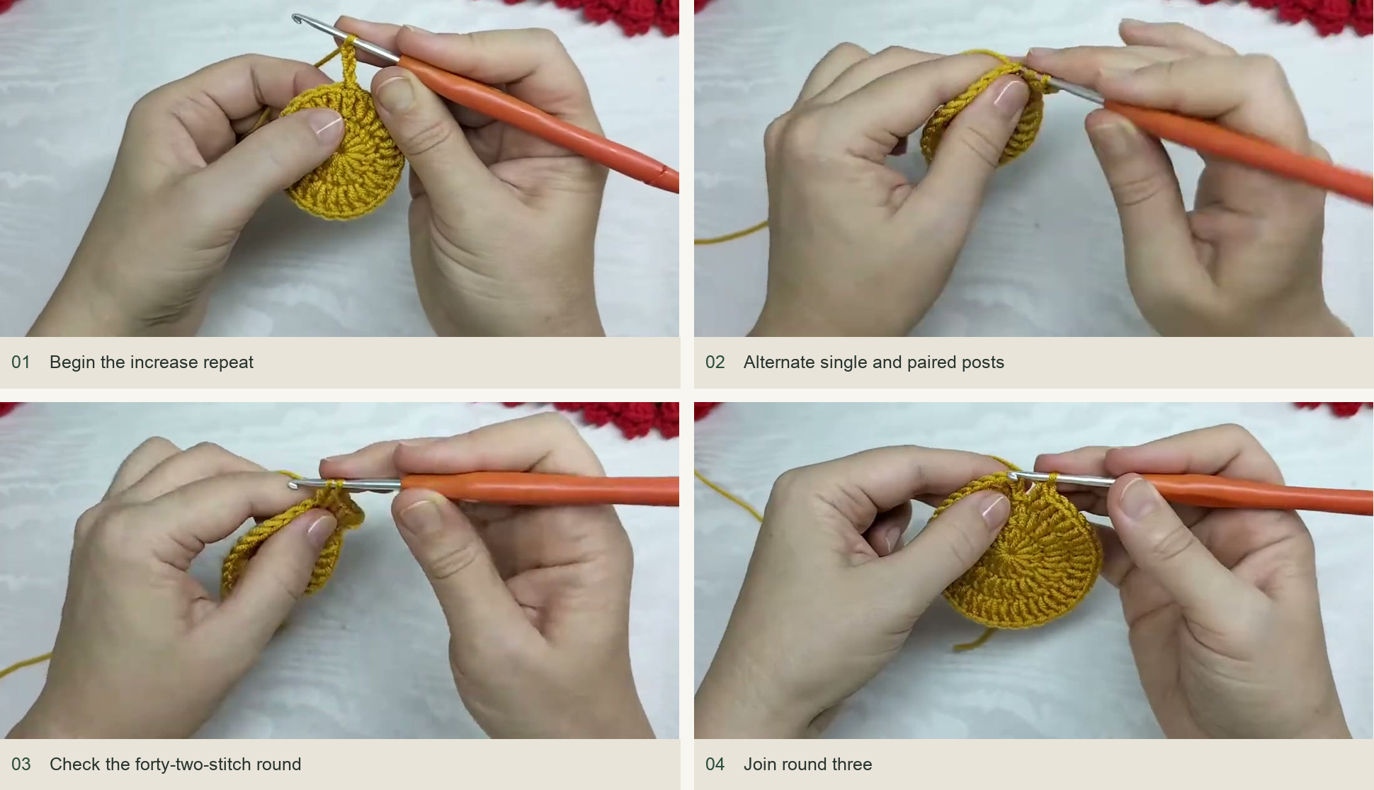 Begin the increase repeat; Alternate single and paired posts; Check the forty-two-stitch round; Join round three