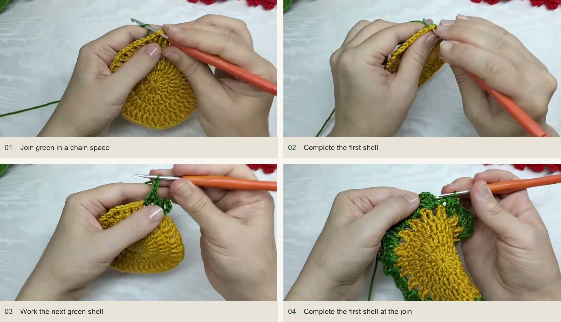 Join green in a chain space; Complete the first shell; Work the next green shell; Complete the first shell at the join