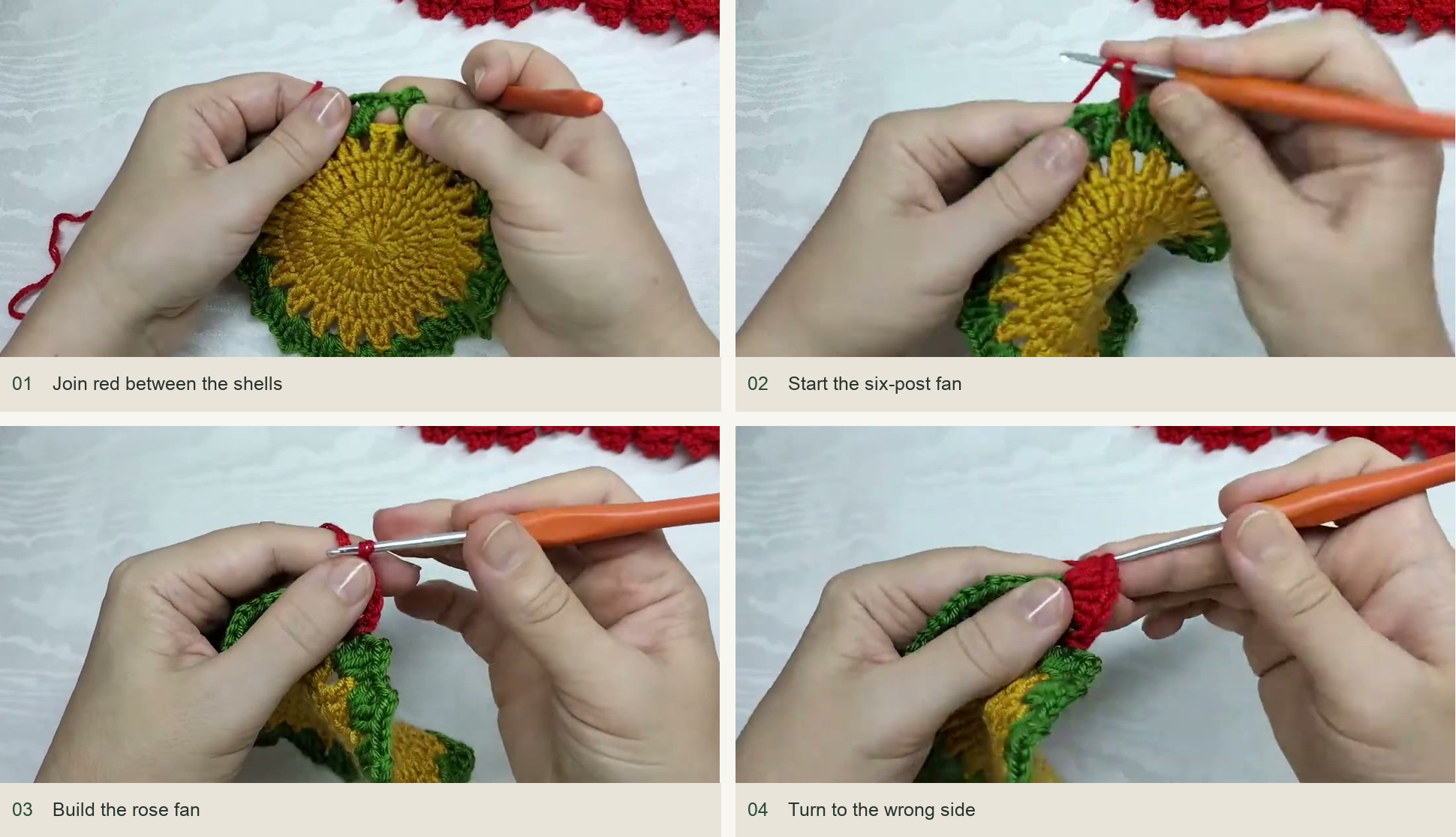 Join red between the shells; Start the six-post fan; Build the rose fan; Turn to the wrong side