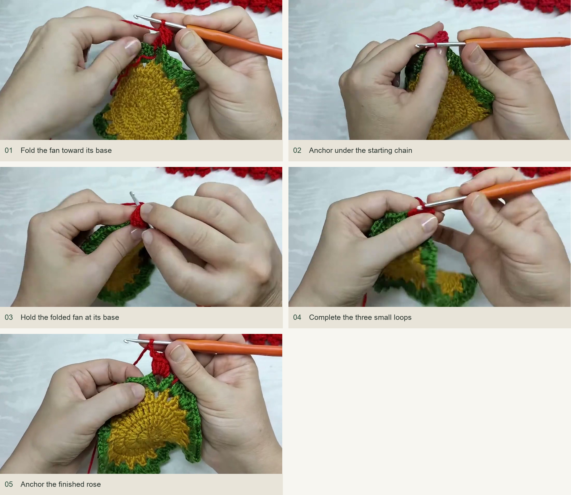 Fold the fan toward its base; Anchor under the starting chain; Hold the folded fan at its base; Complete the three small loops; Anchor the finished rose