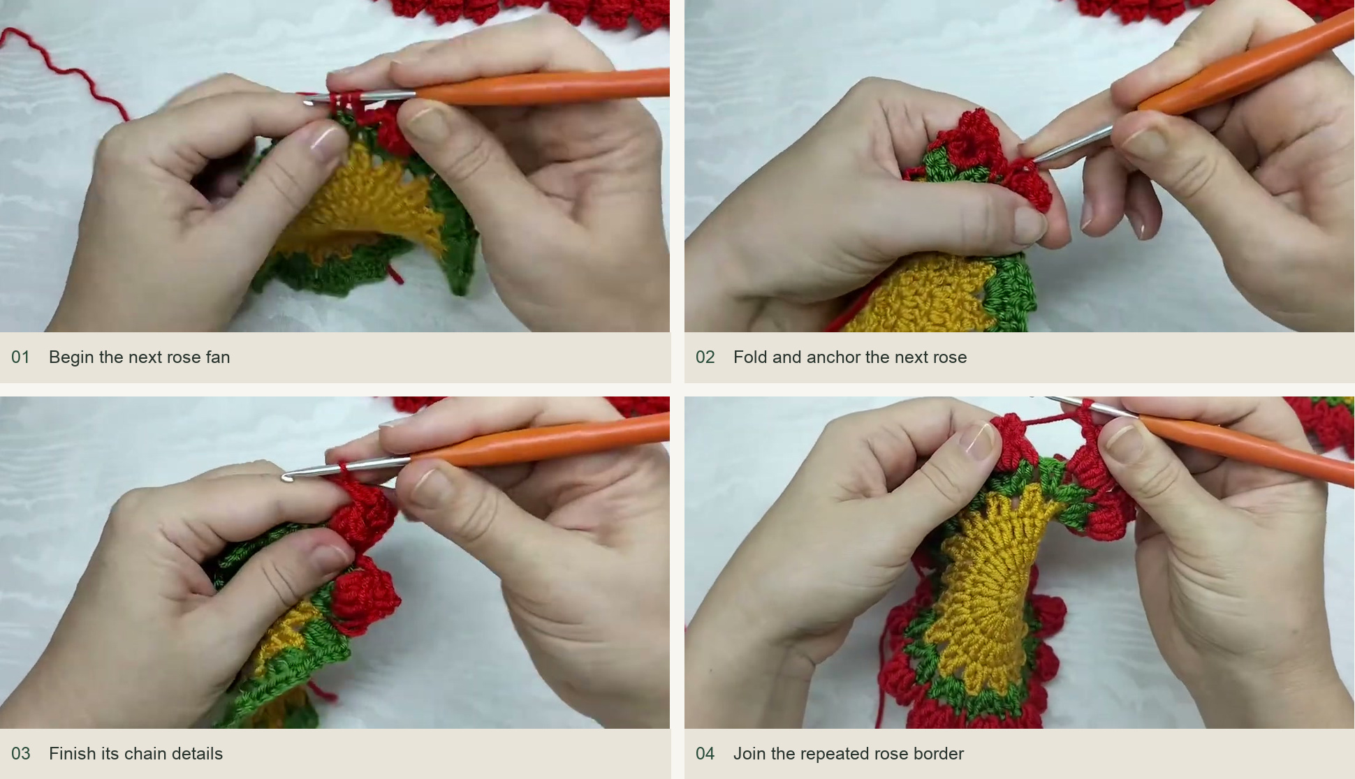 Begin the next rose fan; Fold and anchor the next rose; Finish its chain details; Join the repeated rose border