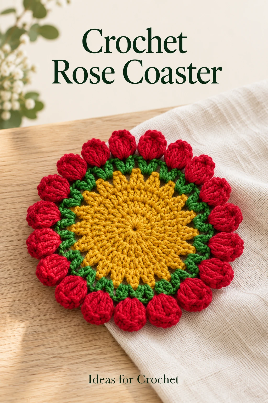 Crochet Rose Coaster with a Ring of Tiny Flowers