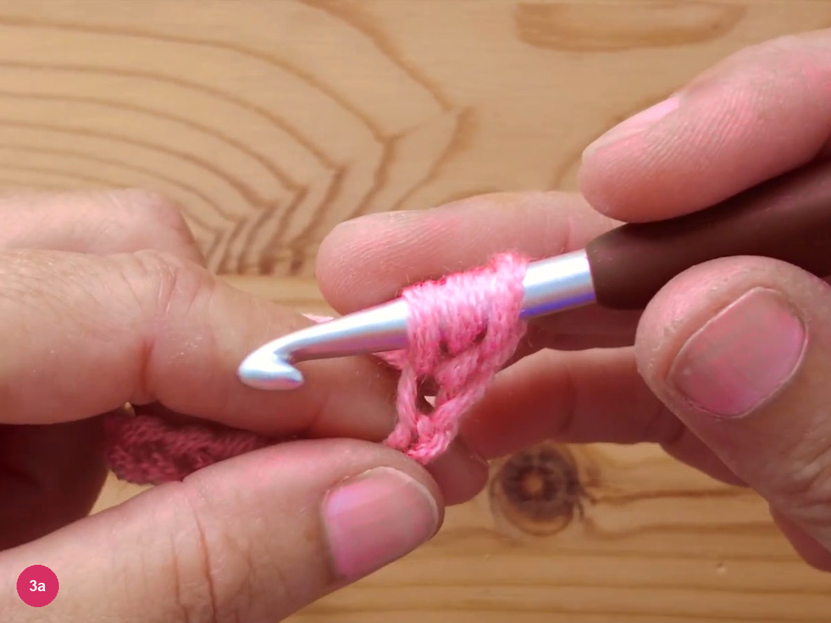 The hook inserted into the base chain with the yarn wrapped over it, three loops sitting on the hook