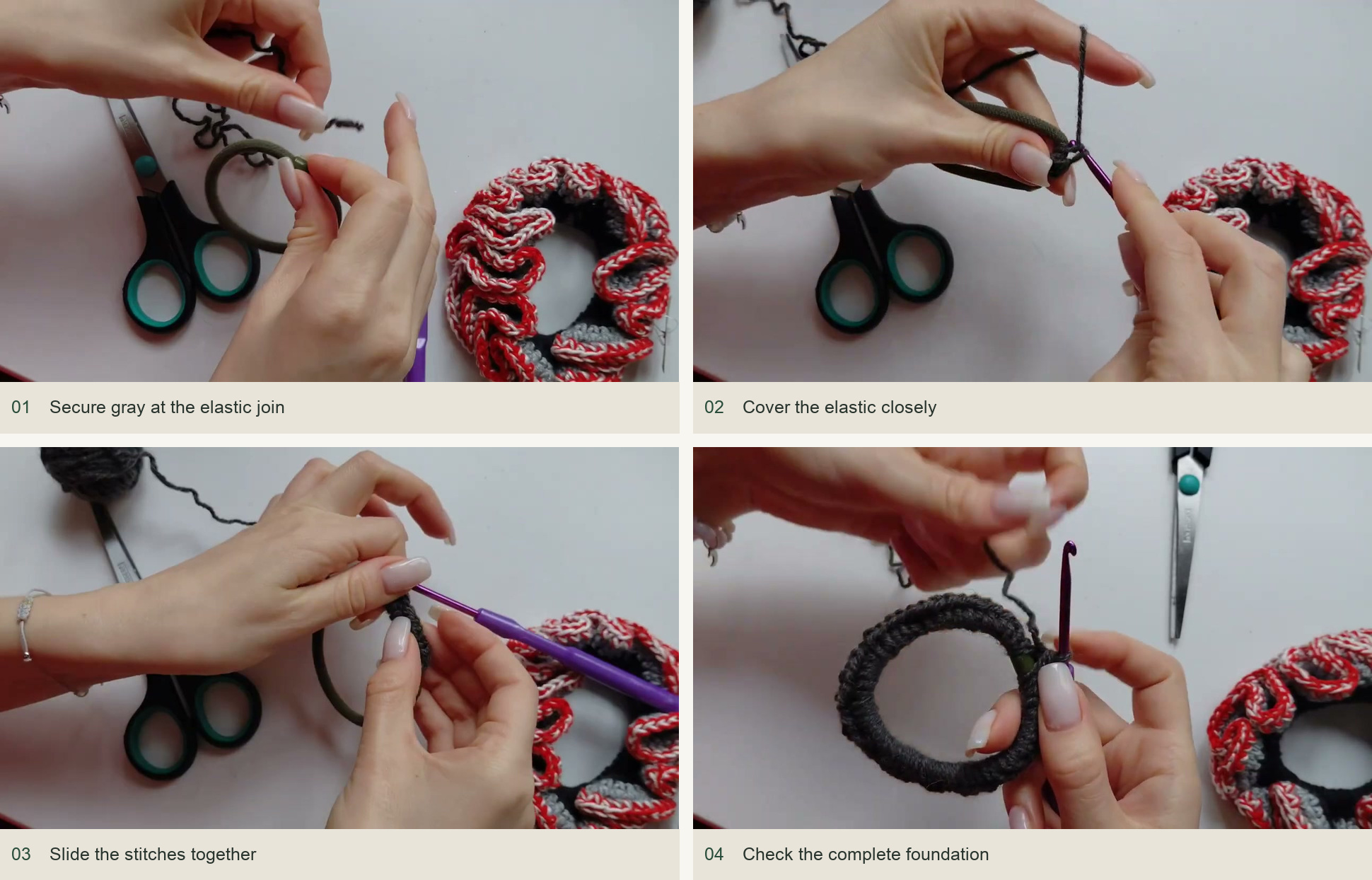 Establish a covered foundation: Secure gray at the elastic join; Cover the elastic closely; Slide the stitches together; Check the complete foundation