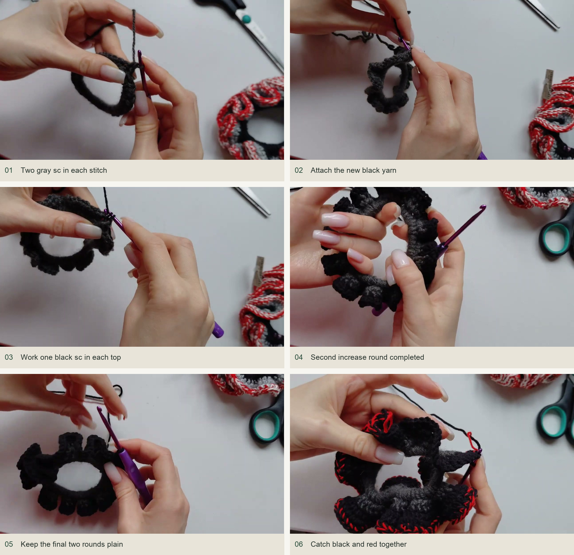 Follow the six-round color plan: Two gray sc in each stitch; Attach the new black yarn; Work one black sc in each top; Second increase round completed; Keep the final two rounds plain; Catch black and red together