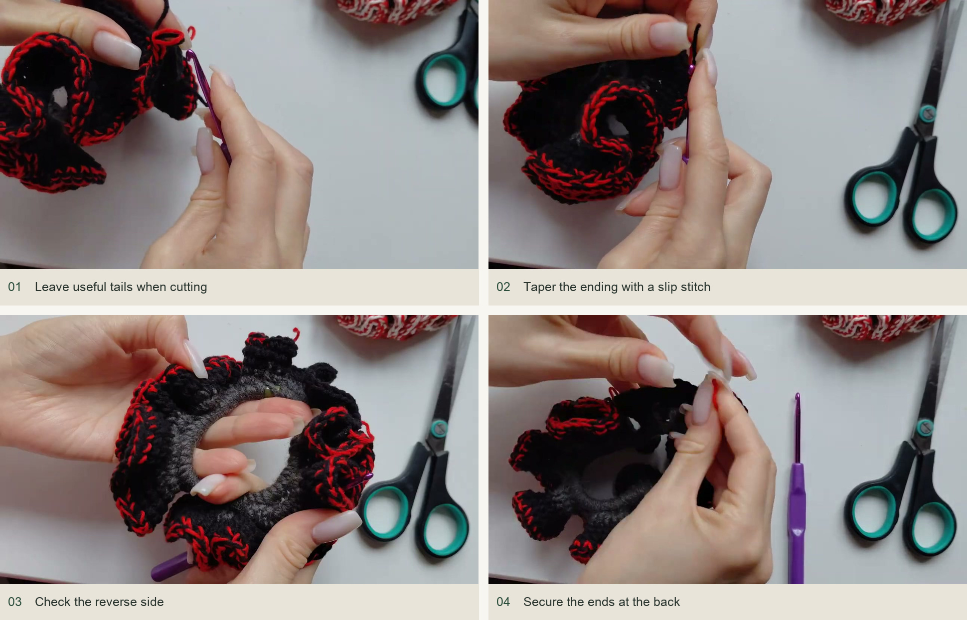 Close the edge and hide the color changes: Leave useful tails when cutting; Taper the ending with a slip stitch; Check the reverse side; Secure the ends at the back