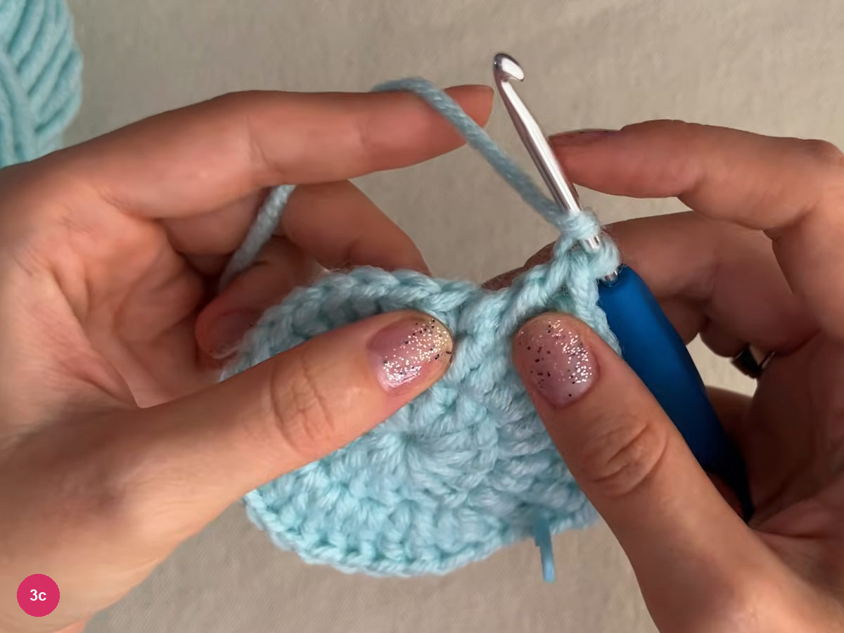 Hook and working yarn at the upper right edge of the flat mint round, beside the raised ridge worked so far