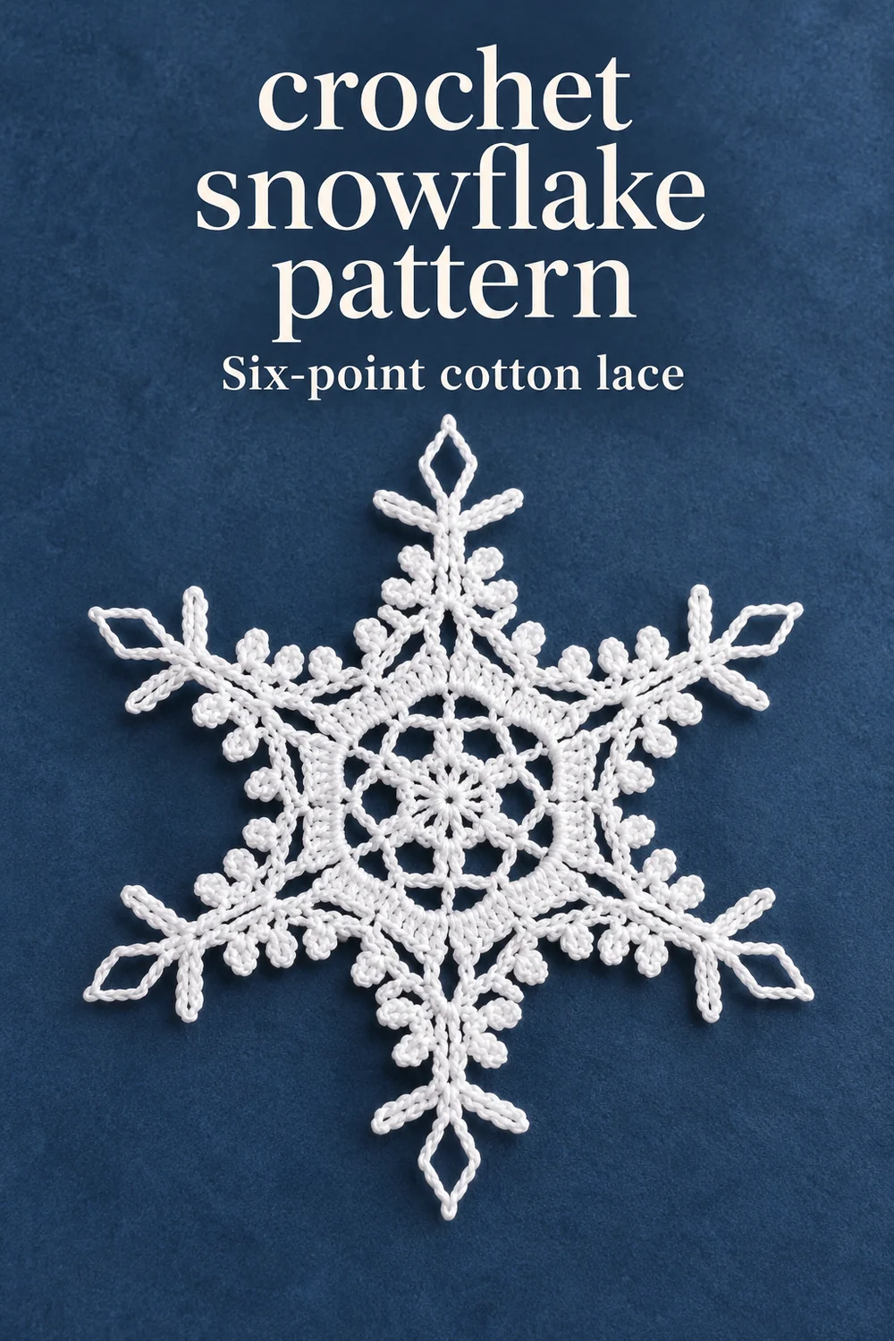Crochet snowflake pattern with six branching cotton lace points and diamond-shaped tips