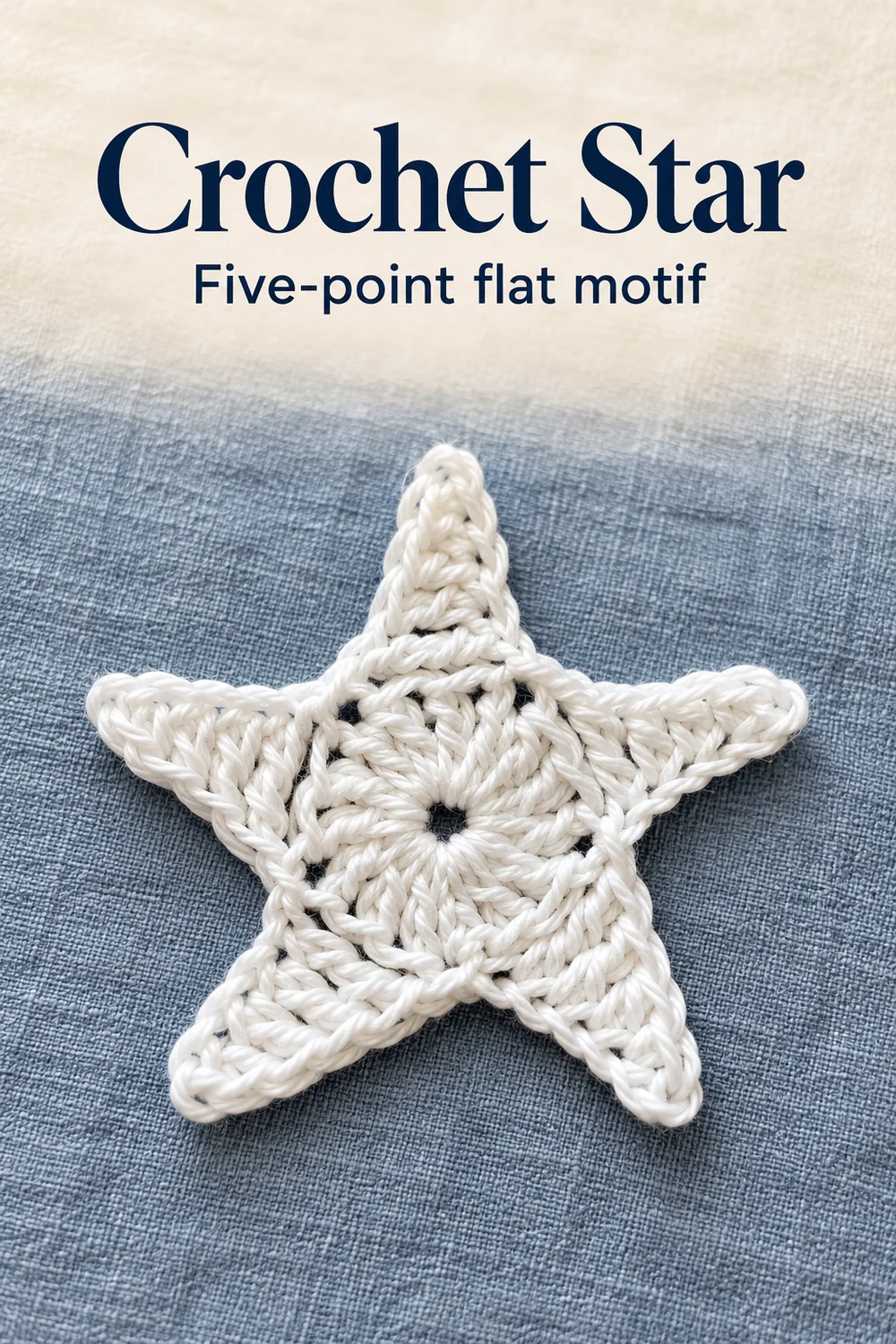 Crochet star with five tapered points and a round stitched center