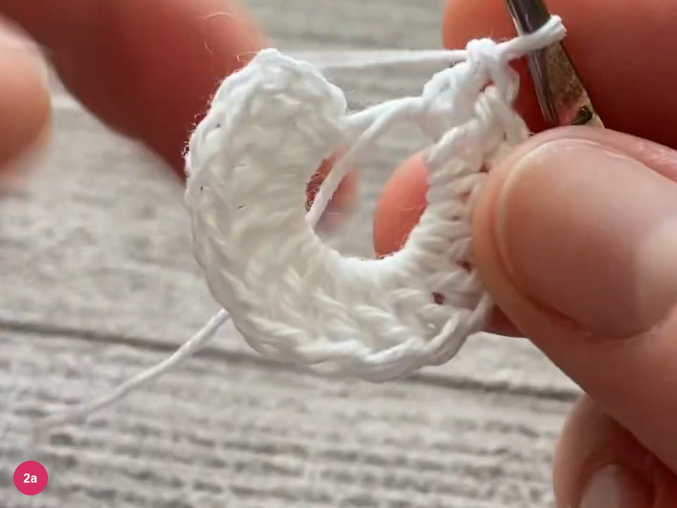 A circle of double crochet stitches surrounds the still-open center