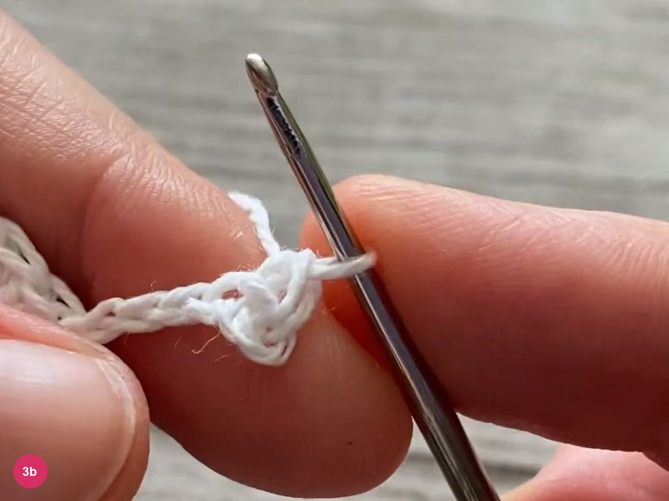 Single crochet beside the little chain loop at the point tip