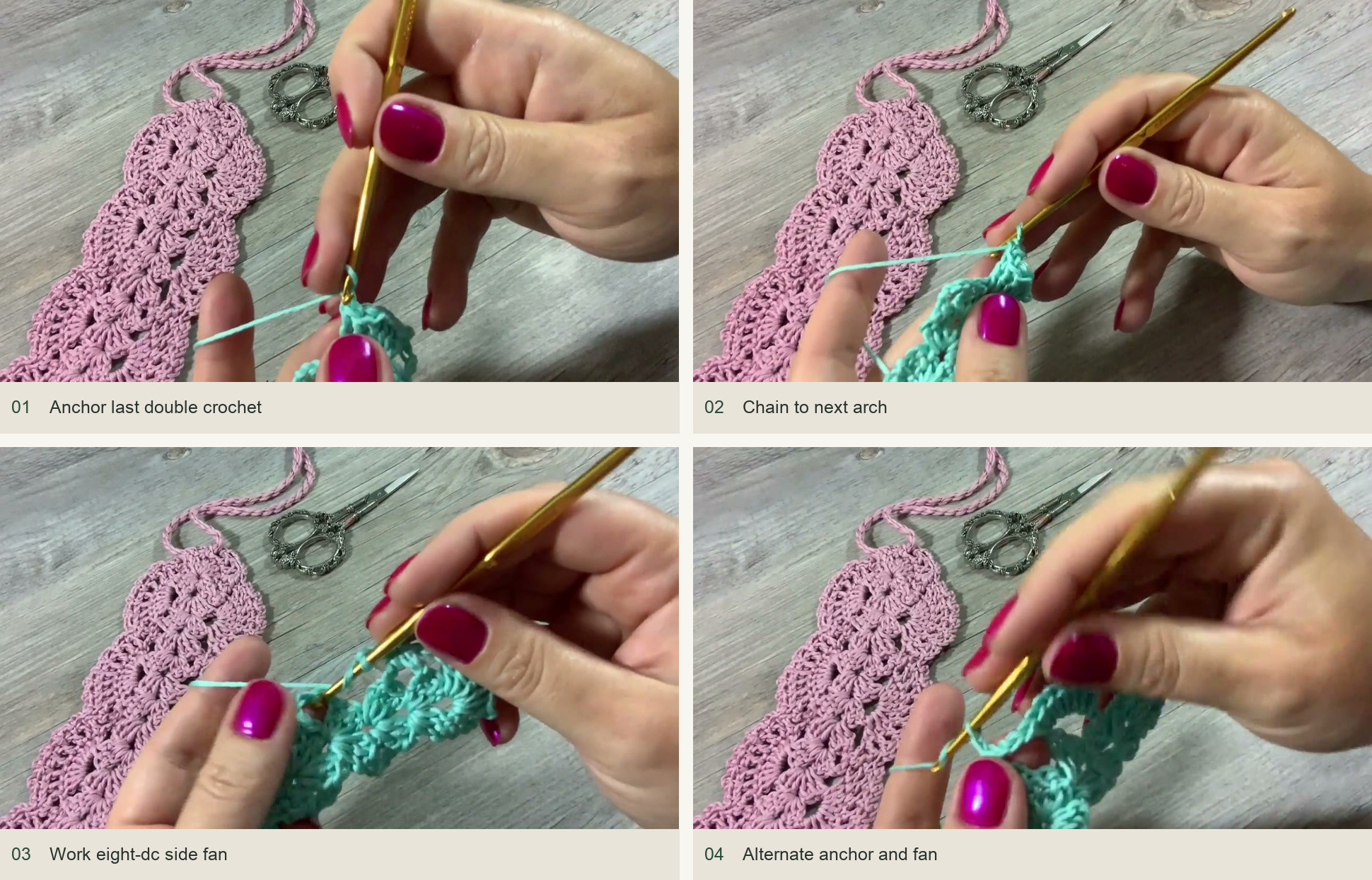 Start the border along one side: Anchor last double crochet; Chain to next arch; Work eight-dc side fan; Alternate anchor and fan