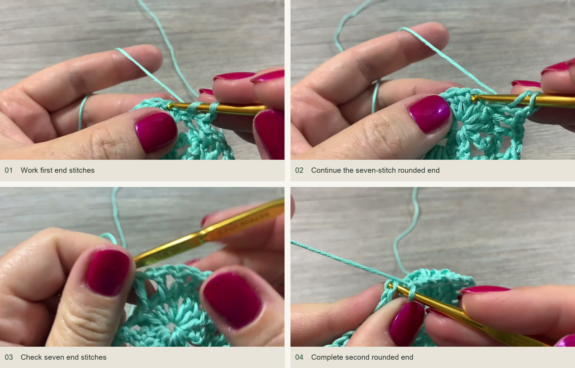 Round the ends with seven stitches: Work first end stitches; Add dc in middle opening; Check seven end stitches; Complete second rounded end