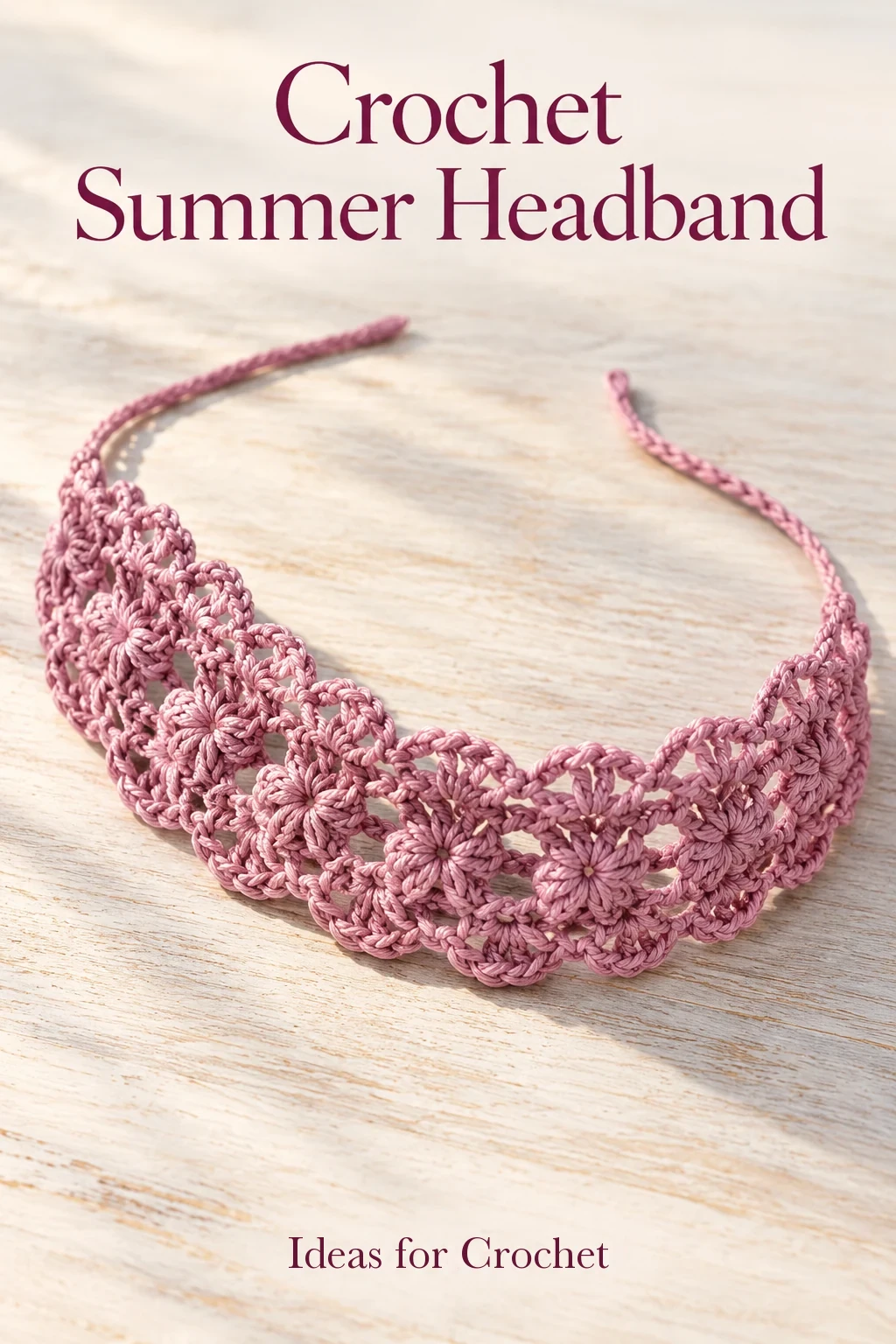 Dusty mauve crochet summer headband with scalloped lace and twisted ties