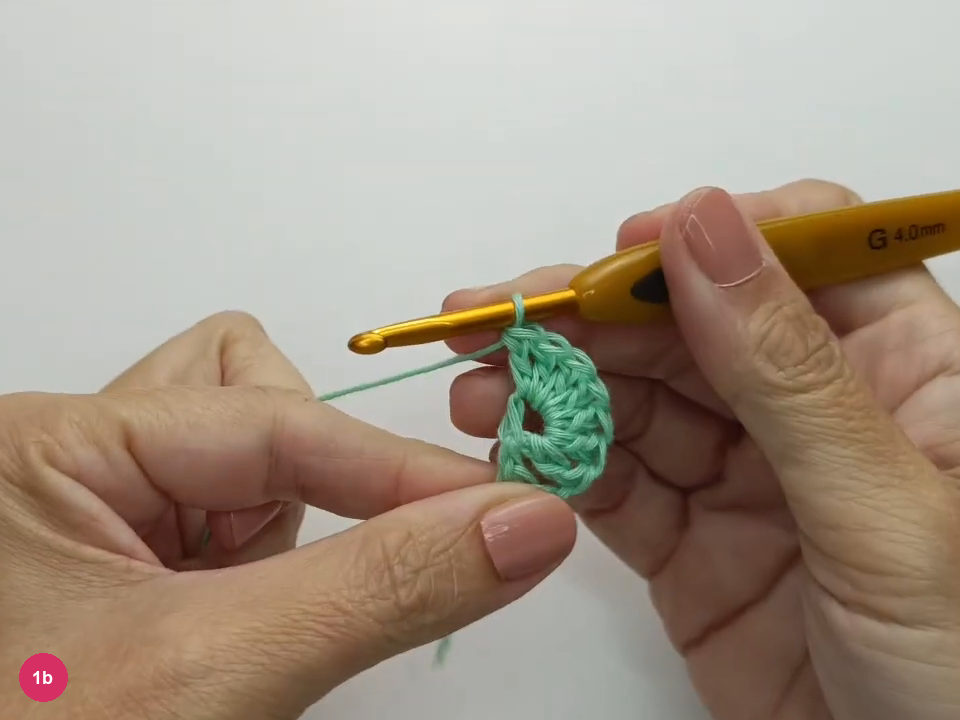 Seven double crochets form the first fan inside the ring.