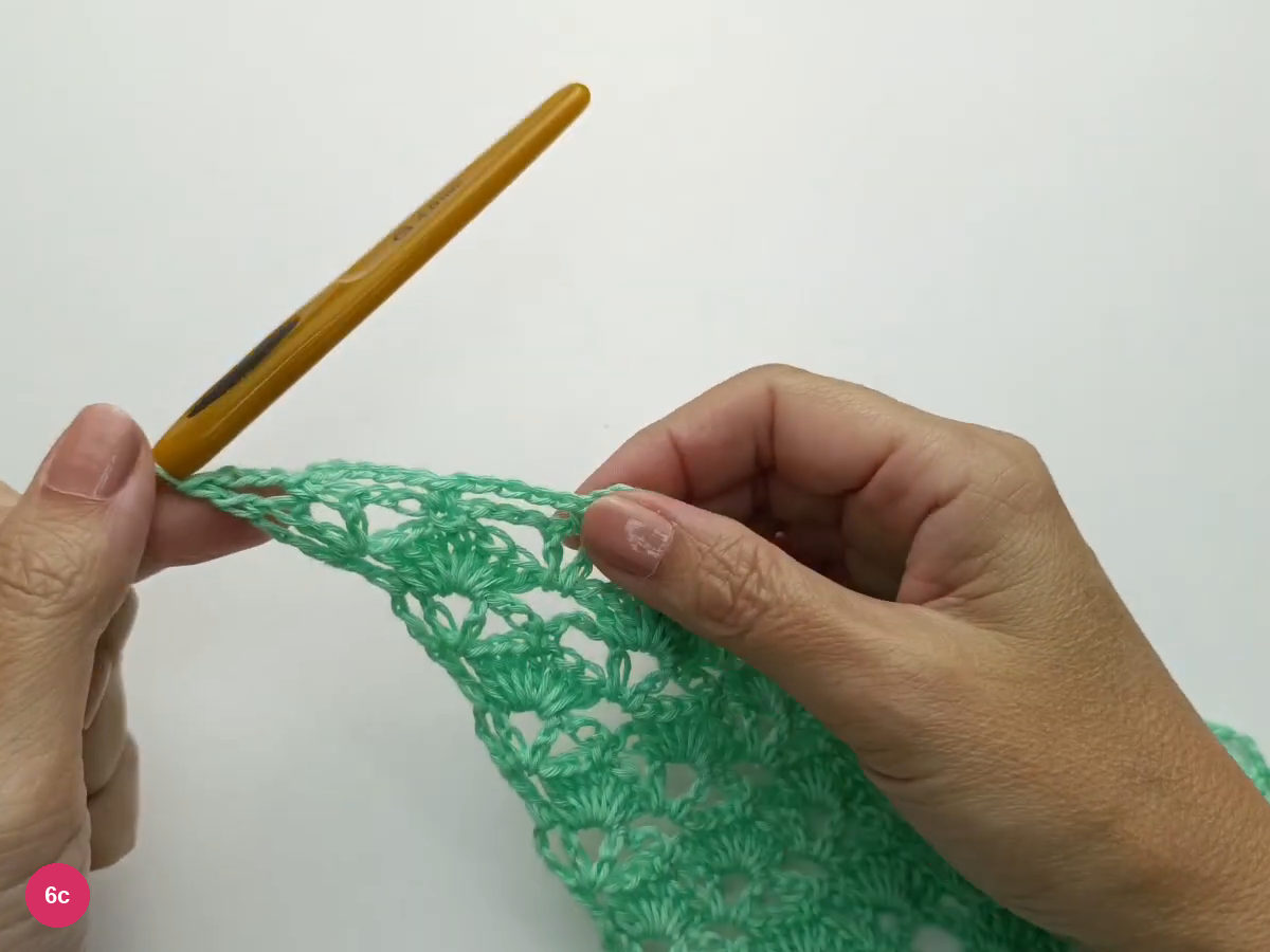 The mesh row ends with a chain-three and double-crochet arch.