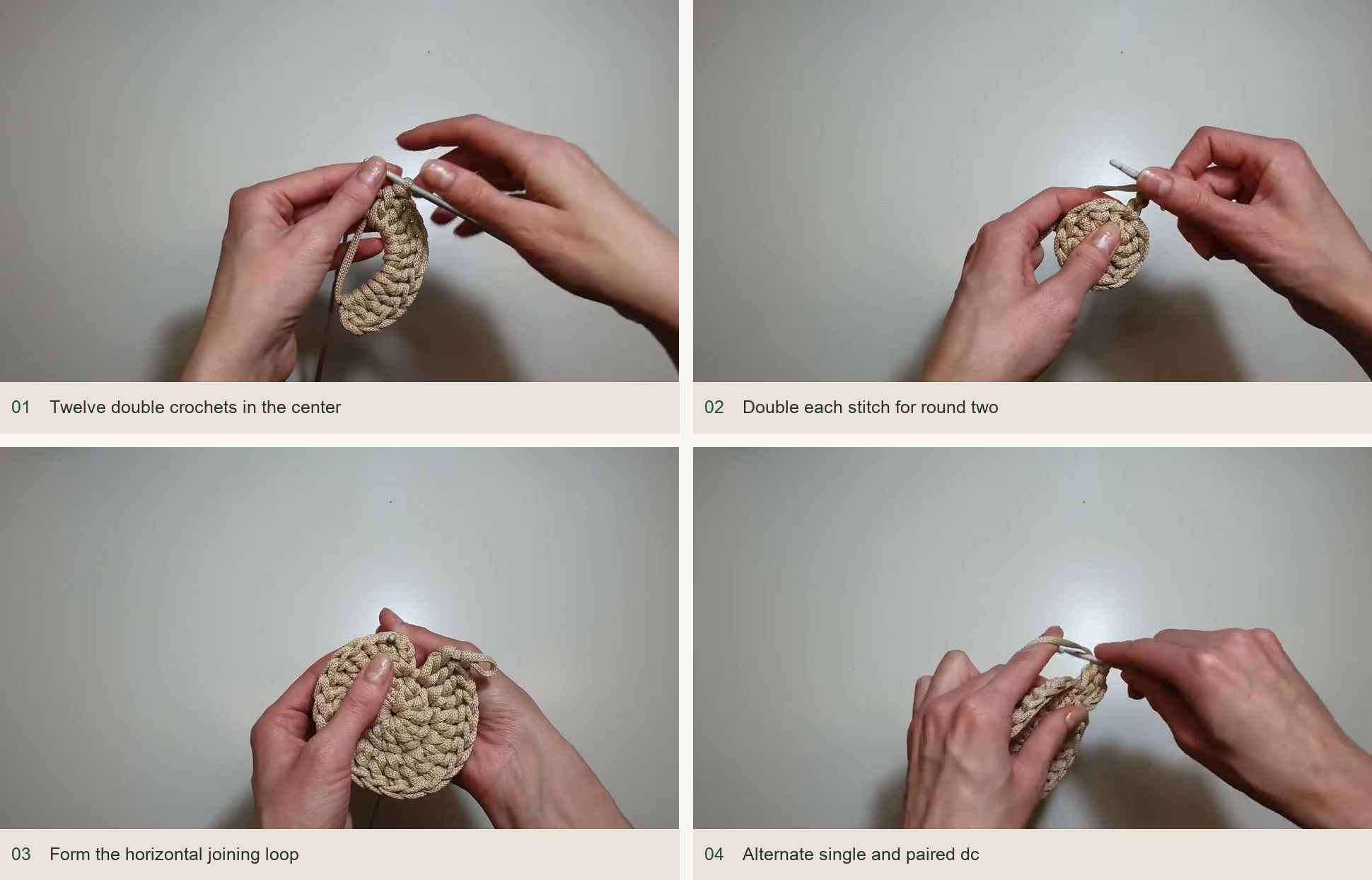 Rounds 1–3: build a thirty-six-stitch base: Twelve double crochets in the center; Double each stitch for round two; Form the horizontal joining loop; Alternate single and paired dc