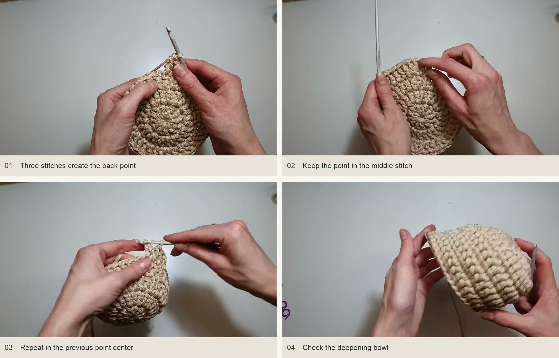 Rounds 4–6: raise the back and deepen the bowl: Three stitches create the back point; Keep the point in the middle stitch; Repeat in the previous point center; Check the deepening bowl