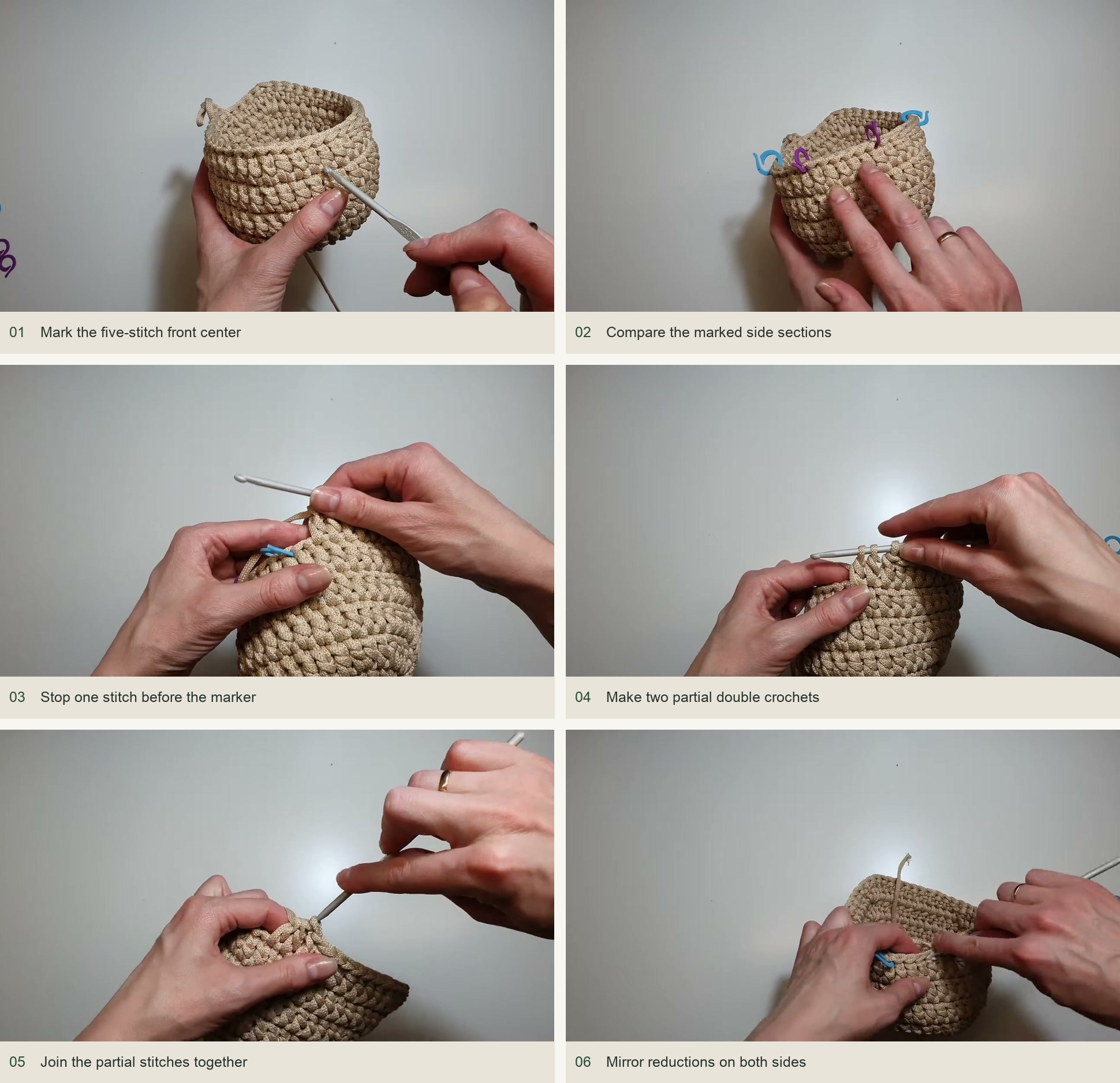 Mark four decreases around the opening: Mark the five-stitch front center; Compare the marked side sections; Stop one stitch before the marker; Make two partial double crochets; Join the partial stitches together; Mirror reductions on both sides