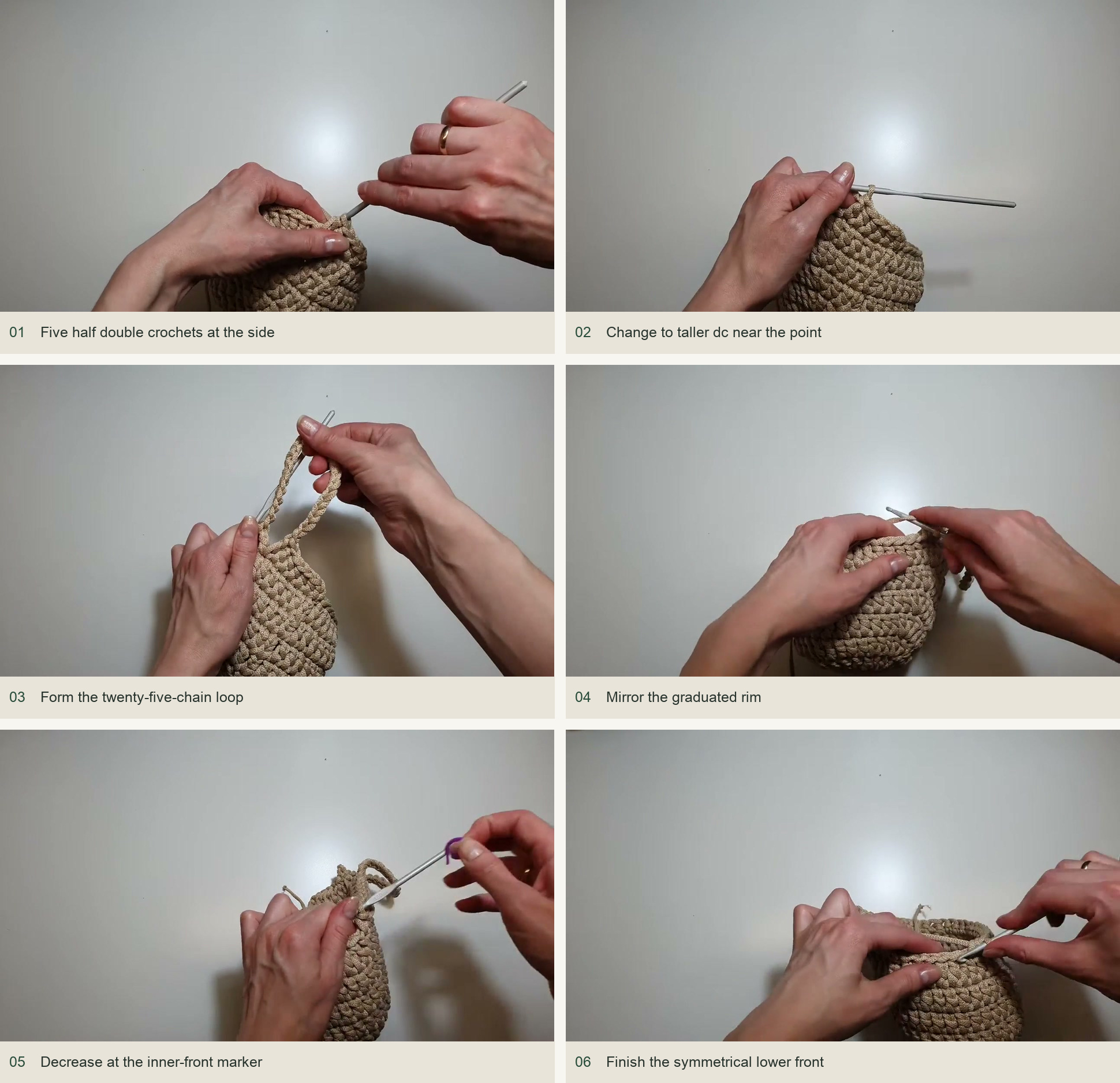 Graduate the rim and add the loop: Five half double crochets at the side; Change to taller dc near the point; Form the twenty-five-chain loop; Mirror the graduated rim; Decrease at the inner-front marker; Finish the symmetrical lower front