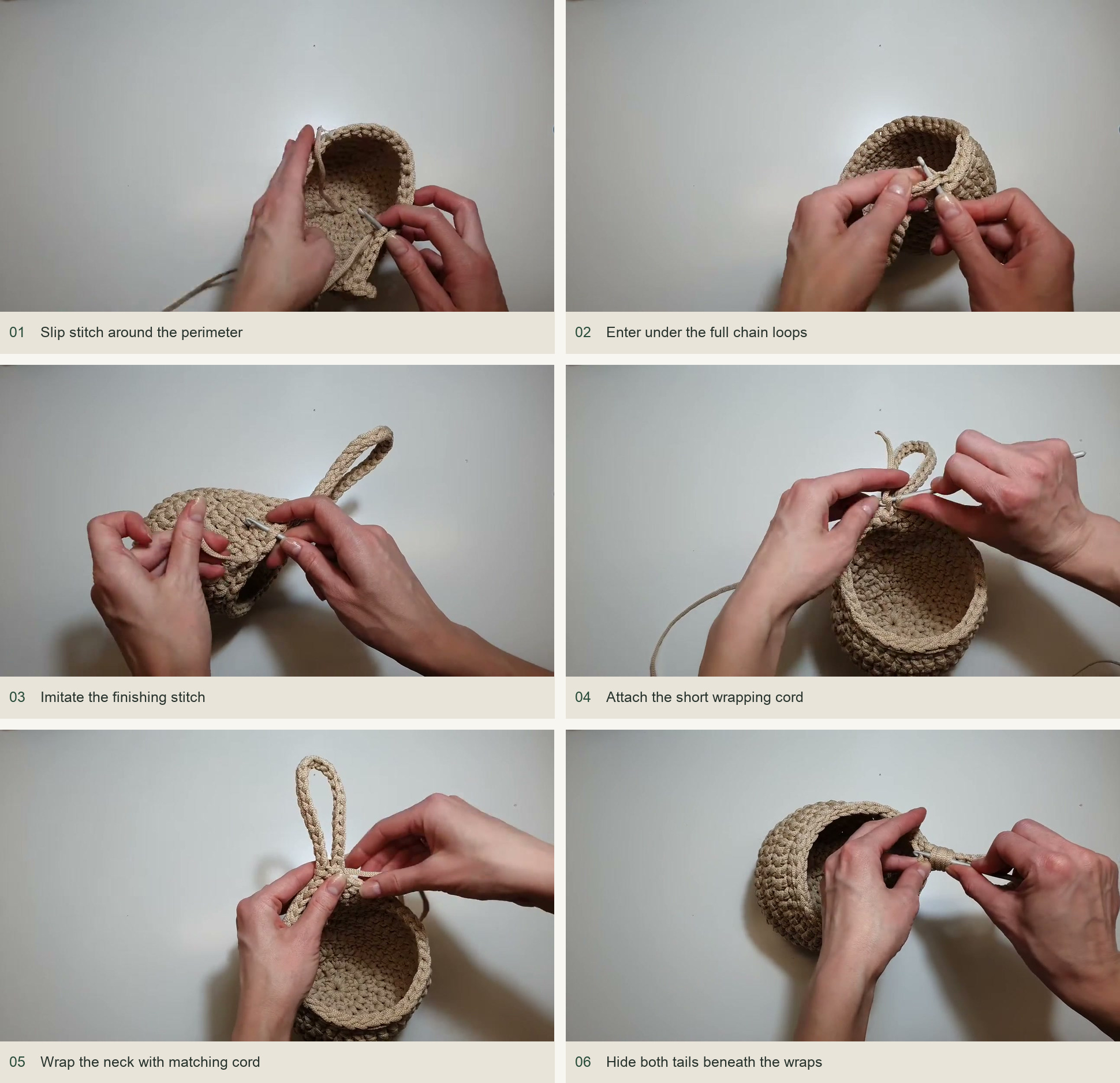 Edge the whole perimeter and wrap the neck: Slip stitch around the perimeter; Enter under the full chain loops; Imitate the finishing stitch; Attach the short wrapping cord; Wrap the neck with matching cord; Hide both tails beneath the wraps
