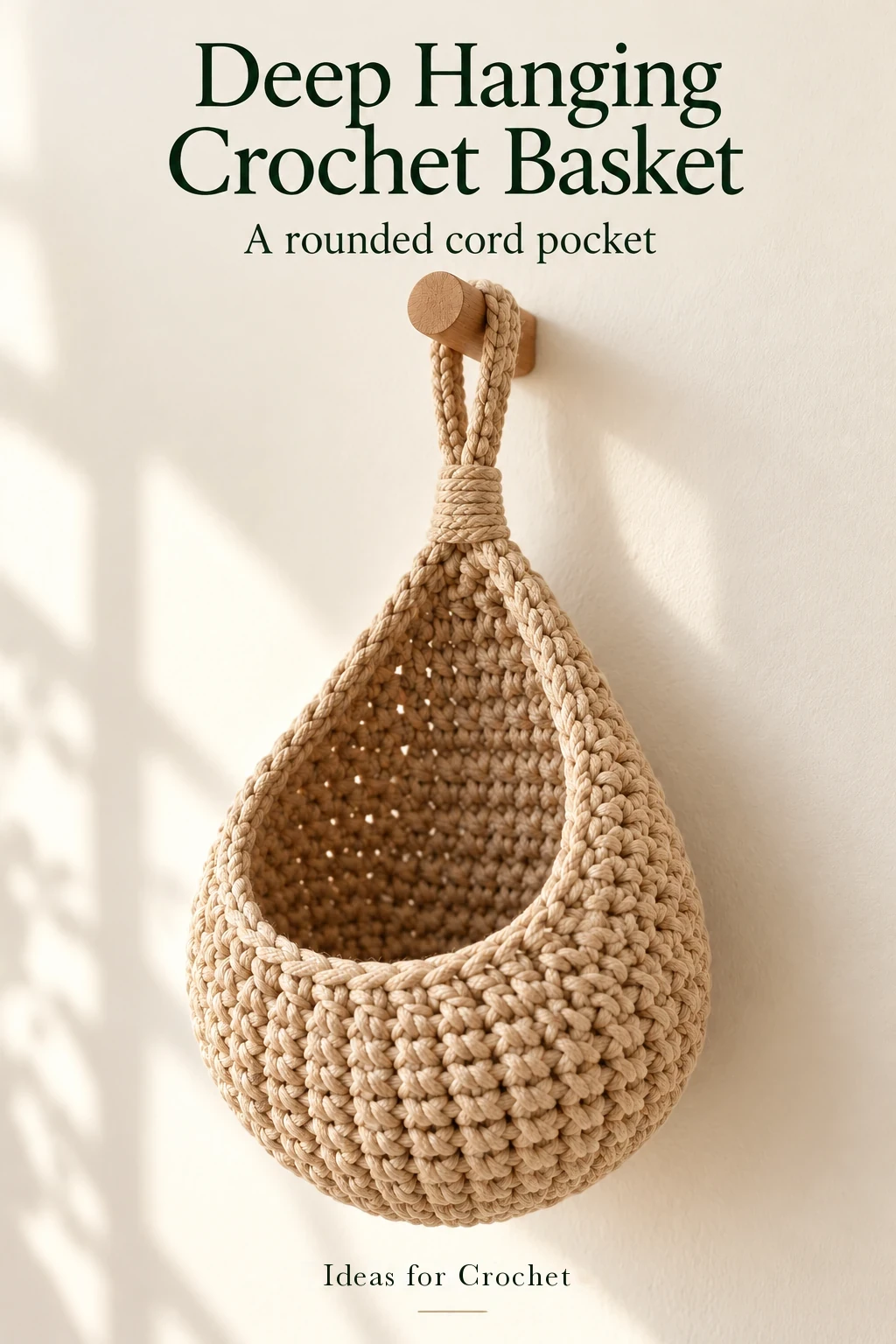 Deep beige cord teardrop crochet basket with a raised front lip and project headline